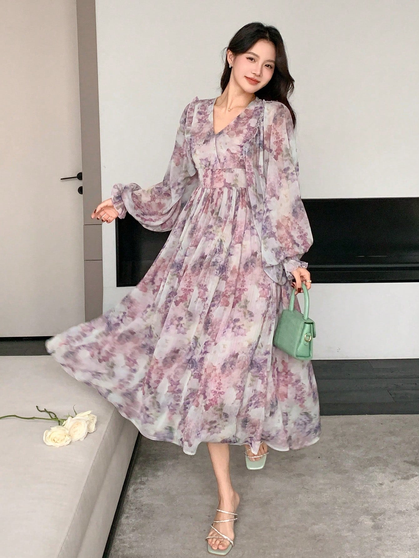 Lavender Floral Chiffon Maxi Dress with Soft Feminine Style