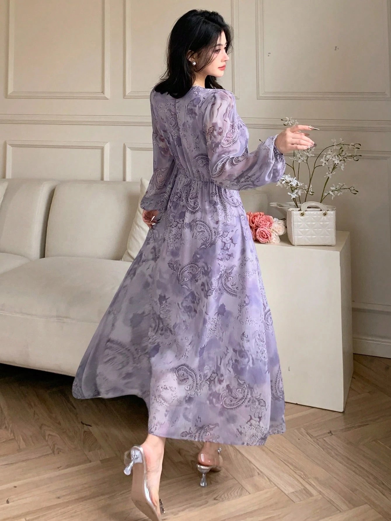 Lavender Floral Wrap Maxi Dress with Korean Fashion Style