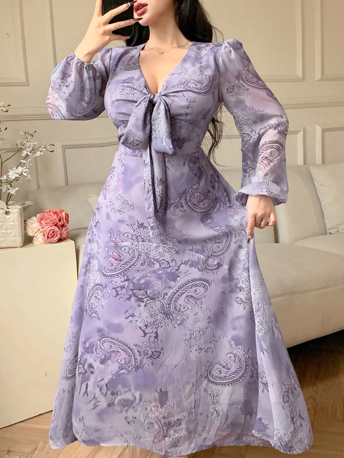 Lavender Floral Wrap Maxi Dress with Korean Fashion Style