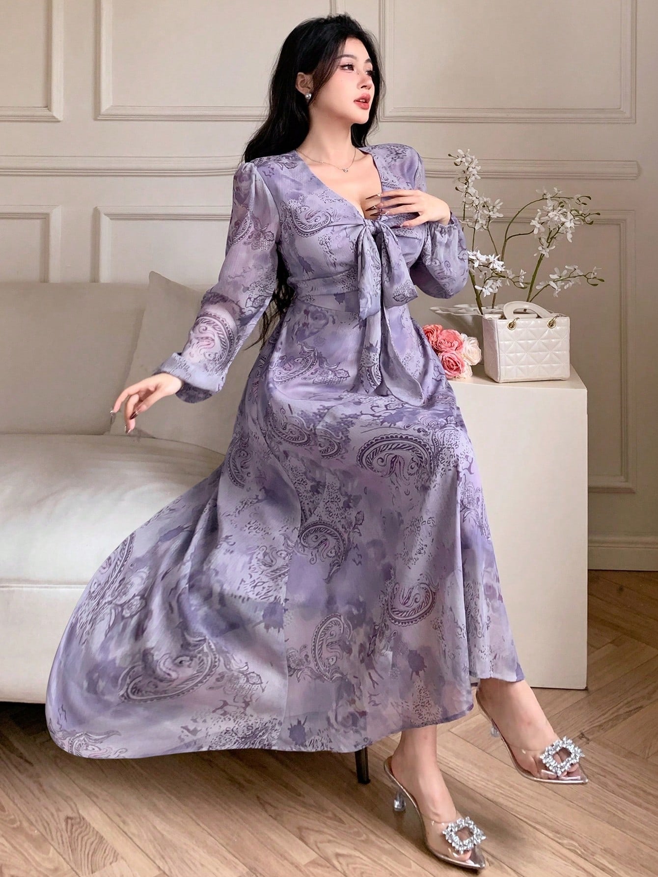 Lavender Floral Wrap Maxi Dress with Korean Fashion Style