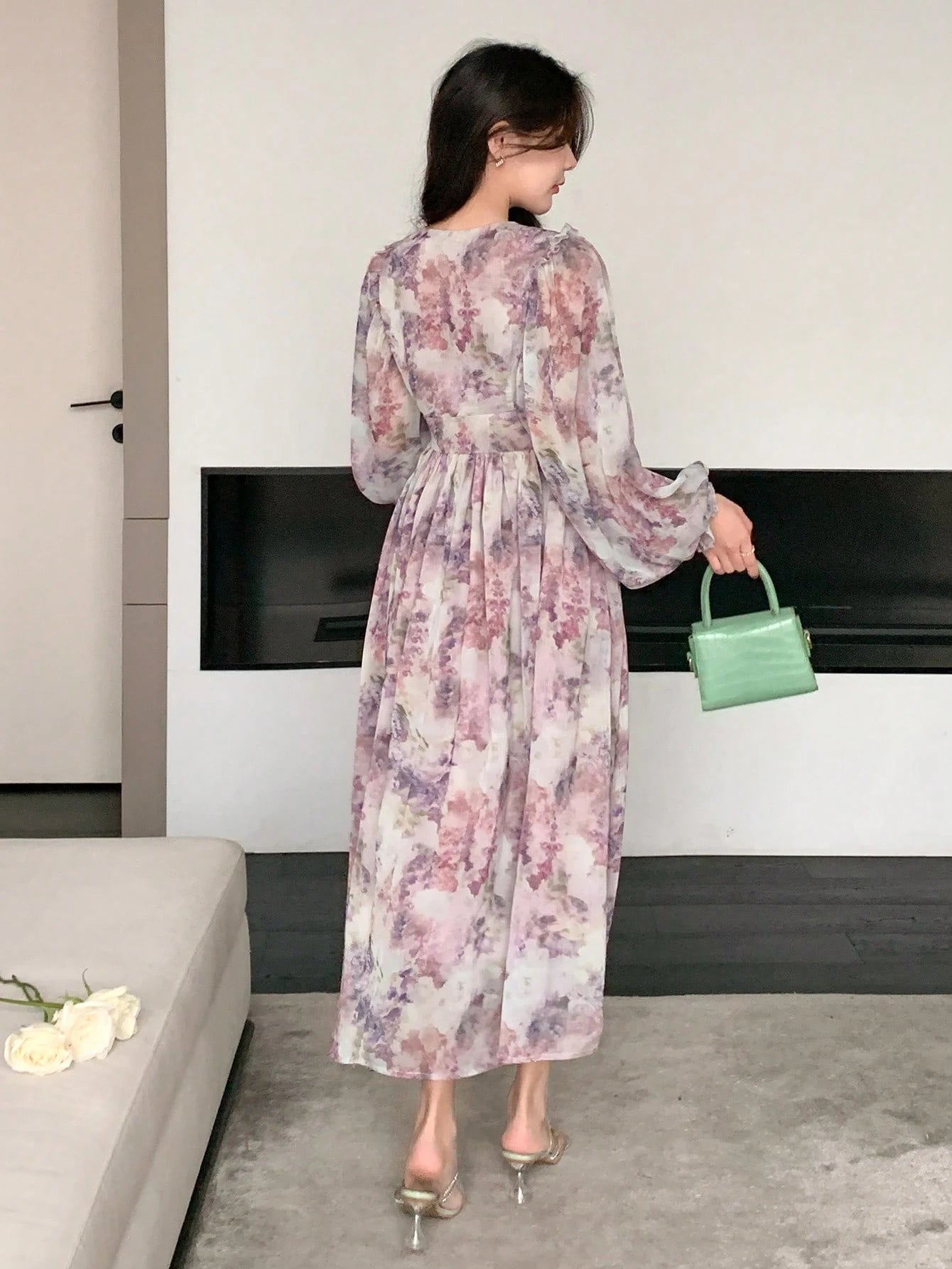 Lavender Floral Chiffon Maxi Dress with Soft Feminine Style