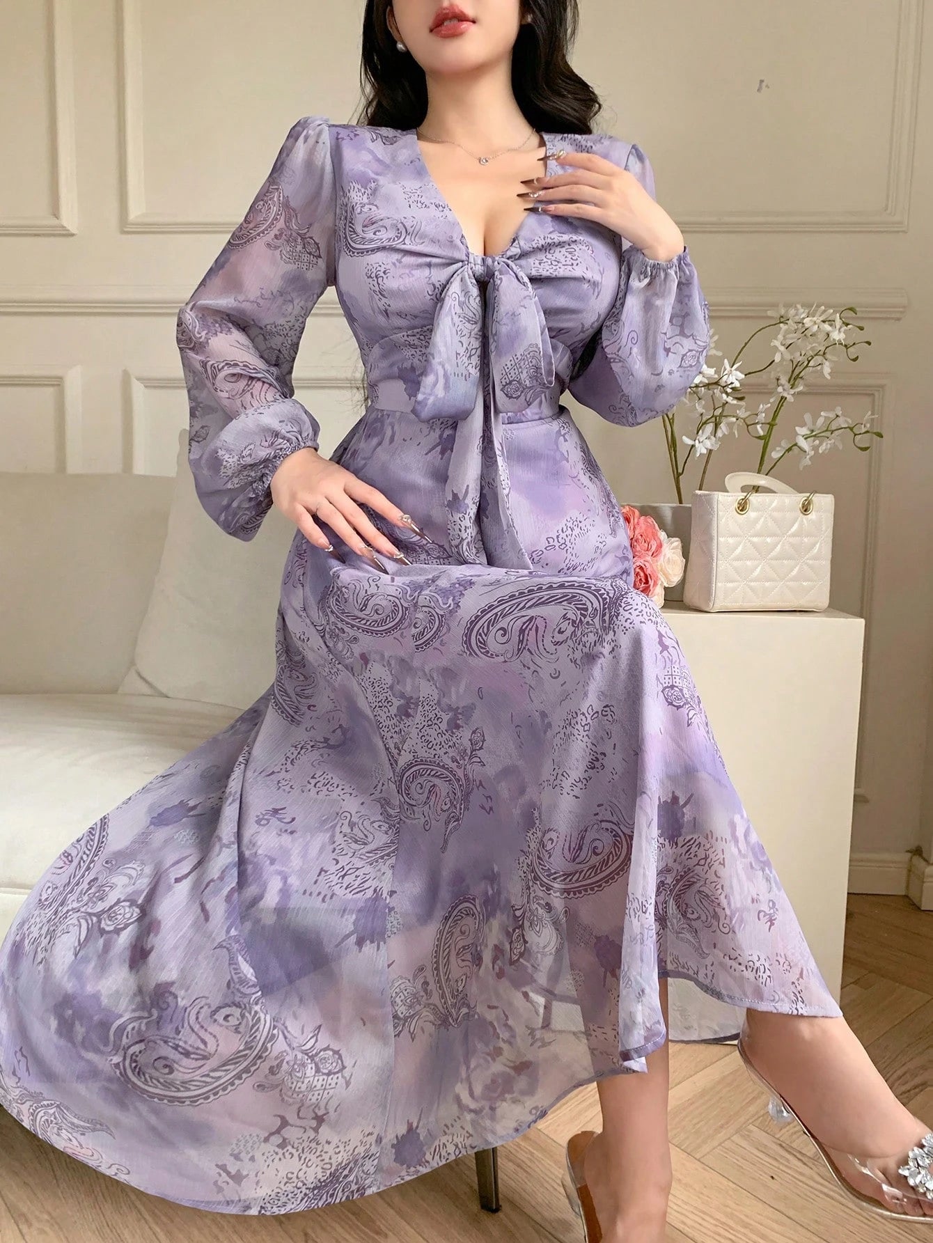 Lavender Floral Wrap Maxi Dress with Korean Fashion Style