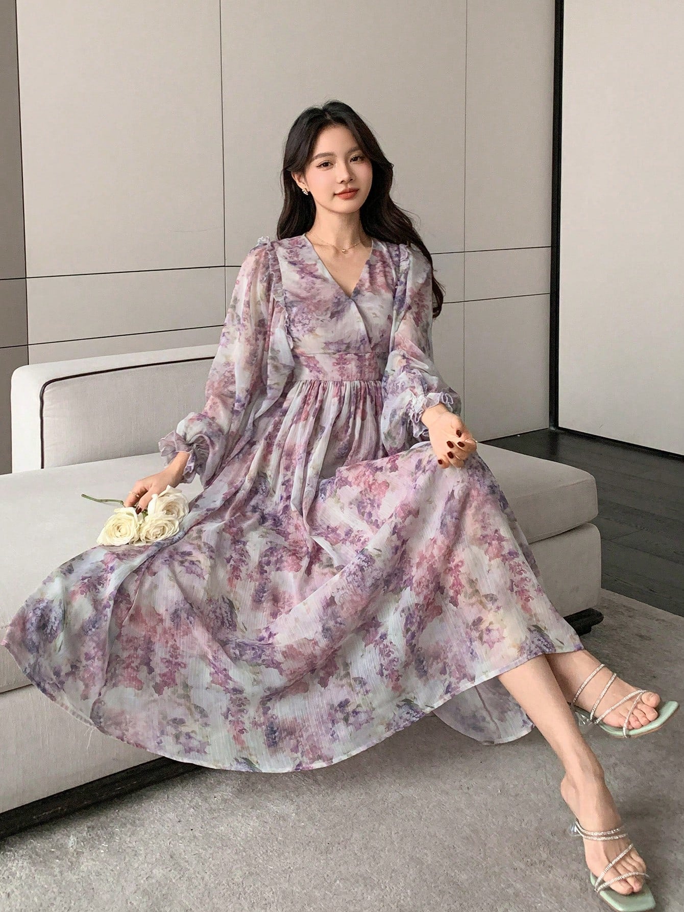 Lavender Floral Chiffon Maxi Dress with Soft Feminine Style