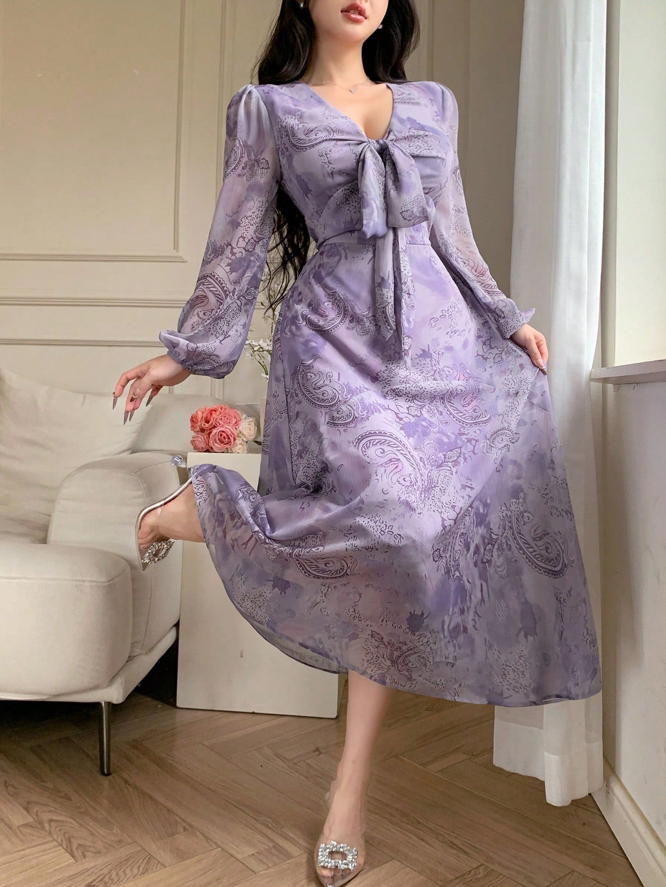 Lavender Floral Wrap Maxi Dress with Korean Fashion Style