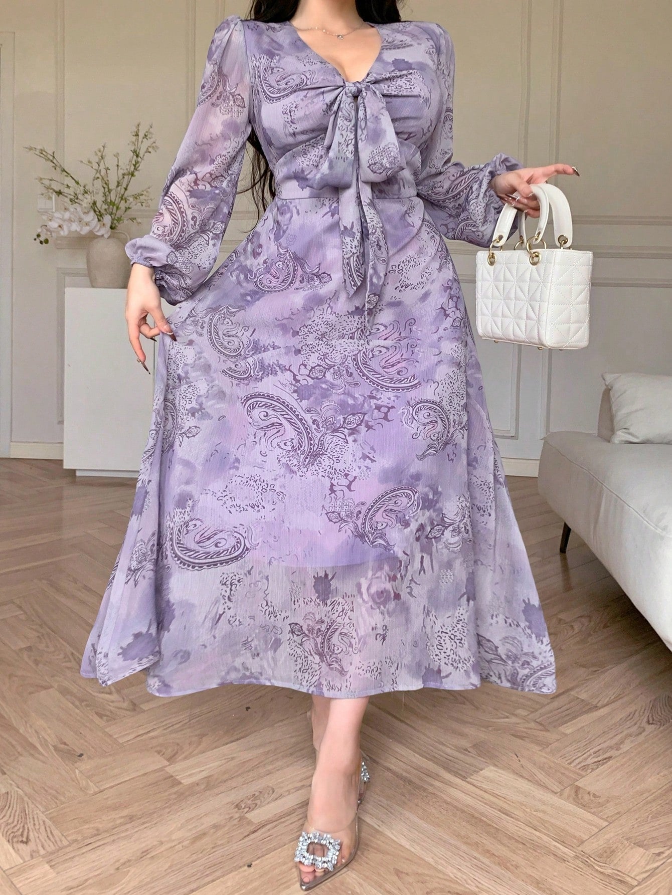 Lavender Floral Wrap Maxi Dress with Korean Fashion Style