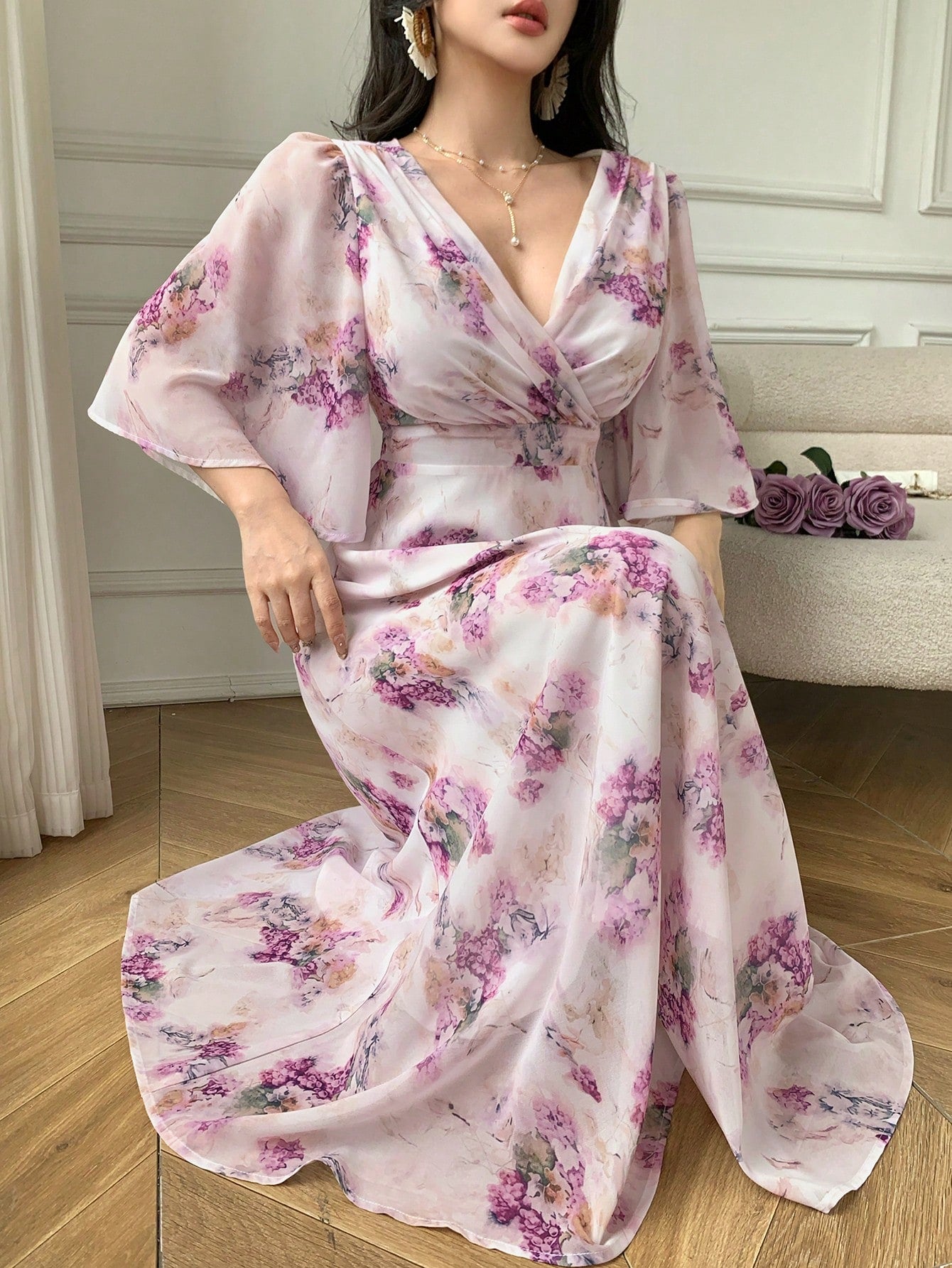 Soft Pink Floral Maxi Dress with Elegant Feminine Style