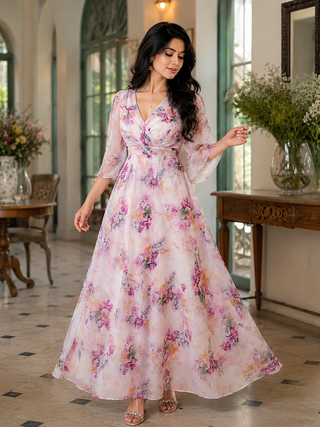 Soft Pink Floral Maxi Dress with Elegant Feminine Style