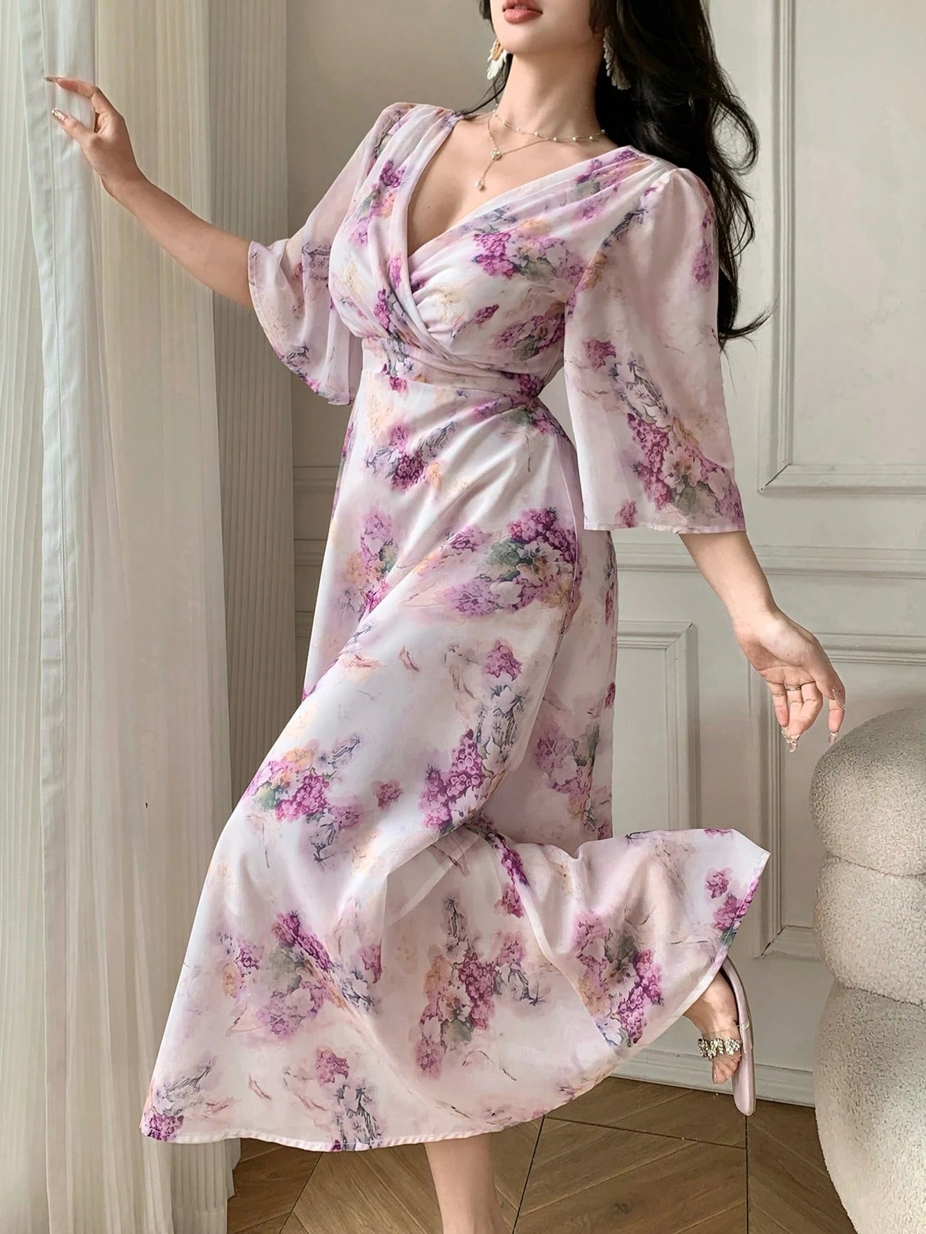 Soft Pink Floral Maxi Dress with Elegant Feminine Style