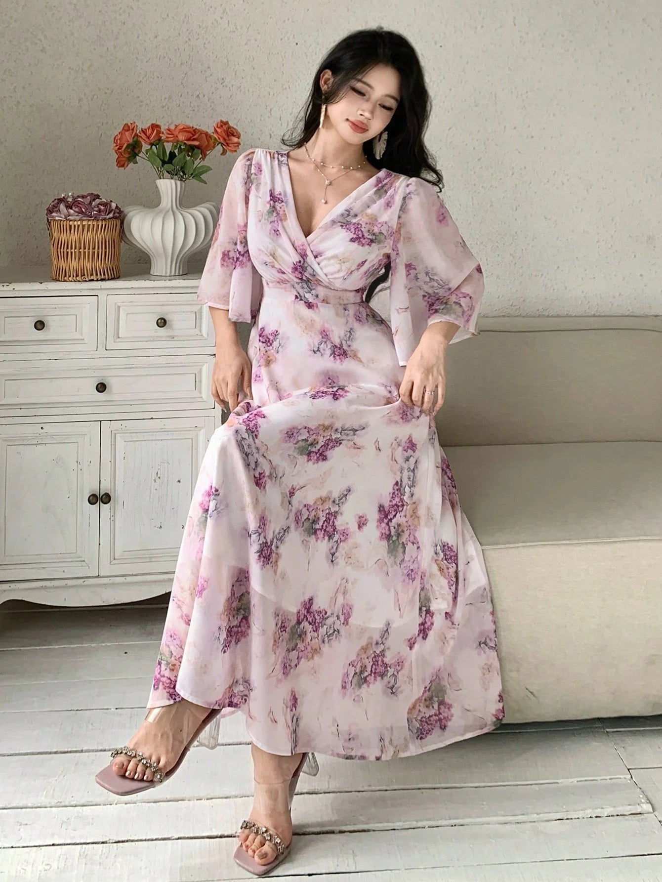 Soft Pink Floral Maxi Dress with Elegant Feminine Style