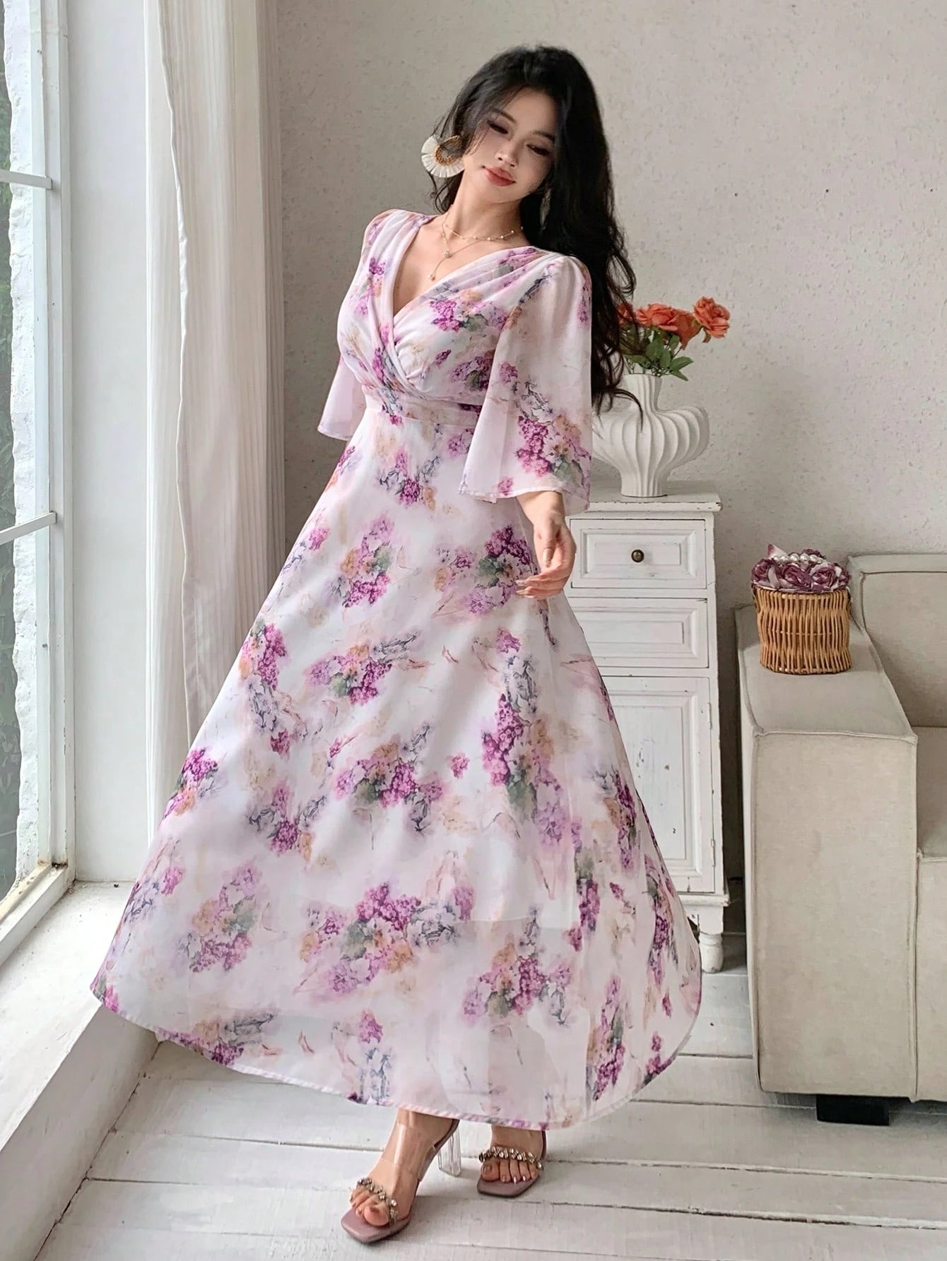 Soft Pink Floral Maxi Dress with Elegant Feminine Style