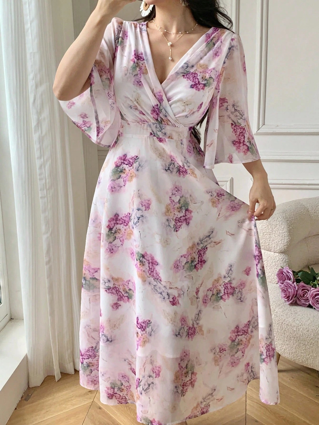 Soft Pink Floral Maxi Dress with Elegant Feminine Style