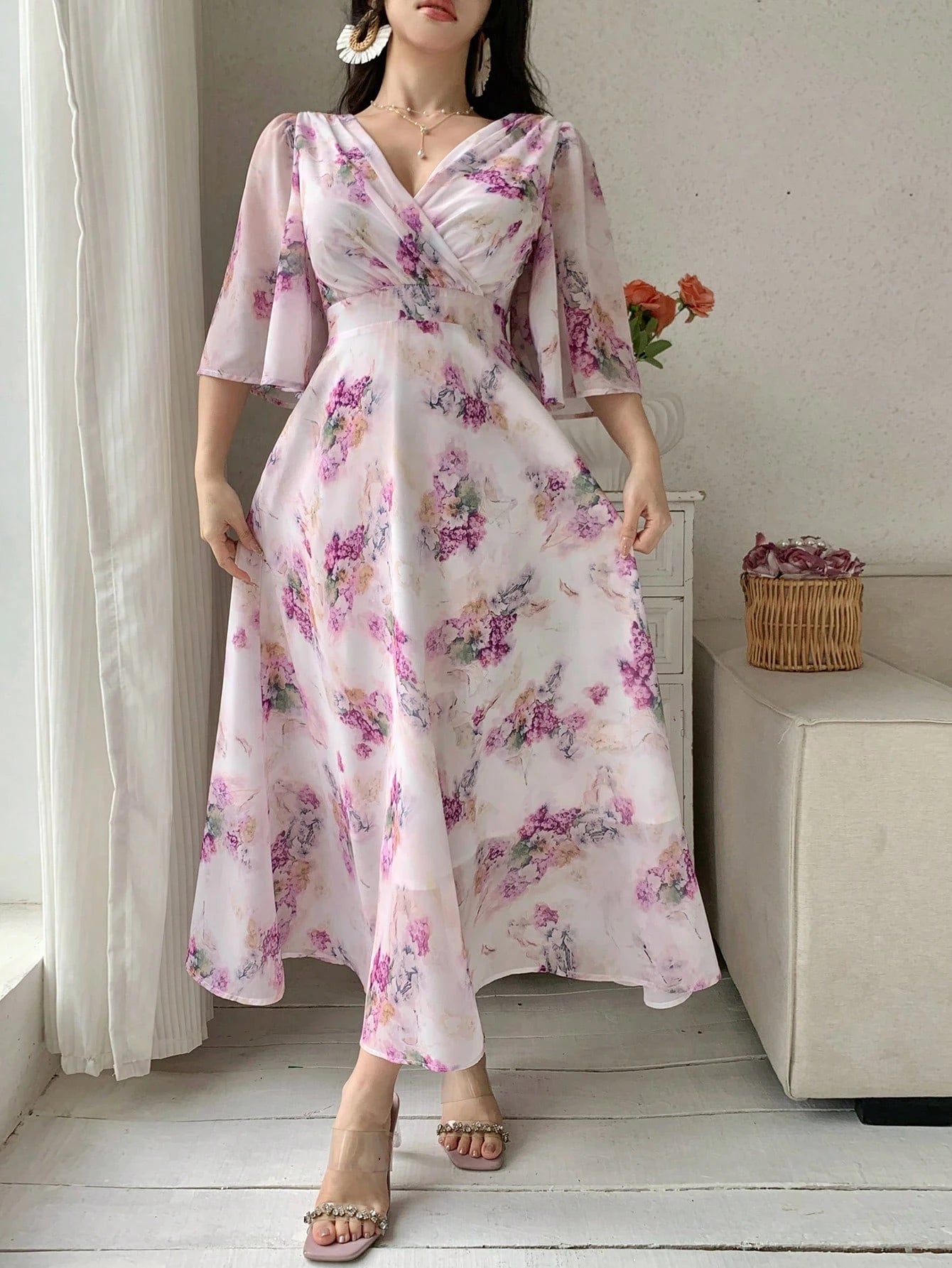 Soft Pink Floral Maxi Dress with Elegant Feminine Style