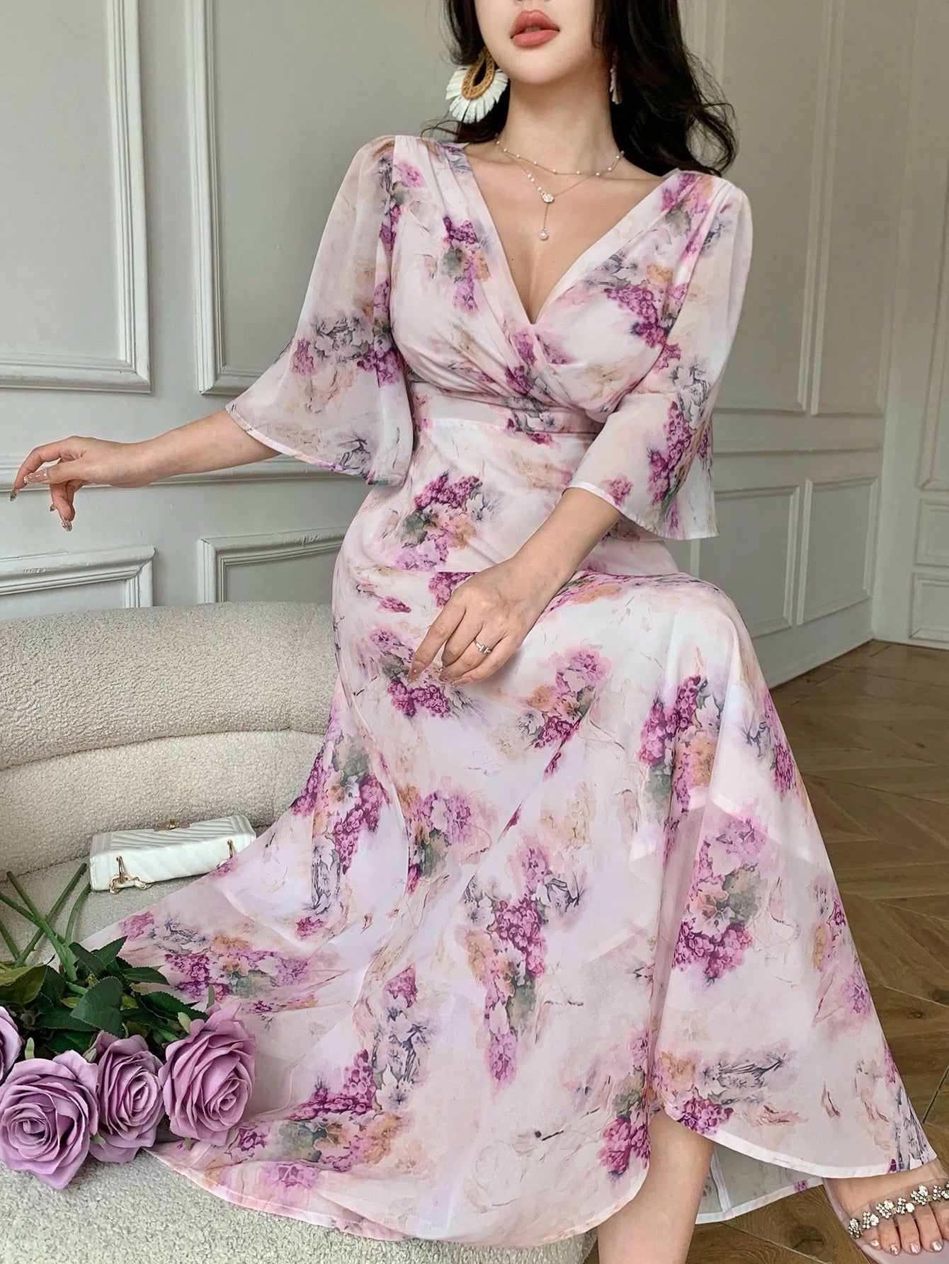 Soft Pink Floral Maxi Dress with Elegant Feminine Style