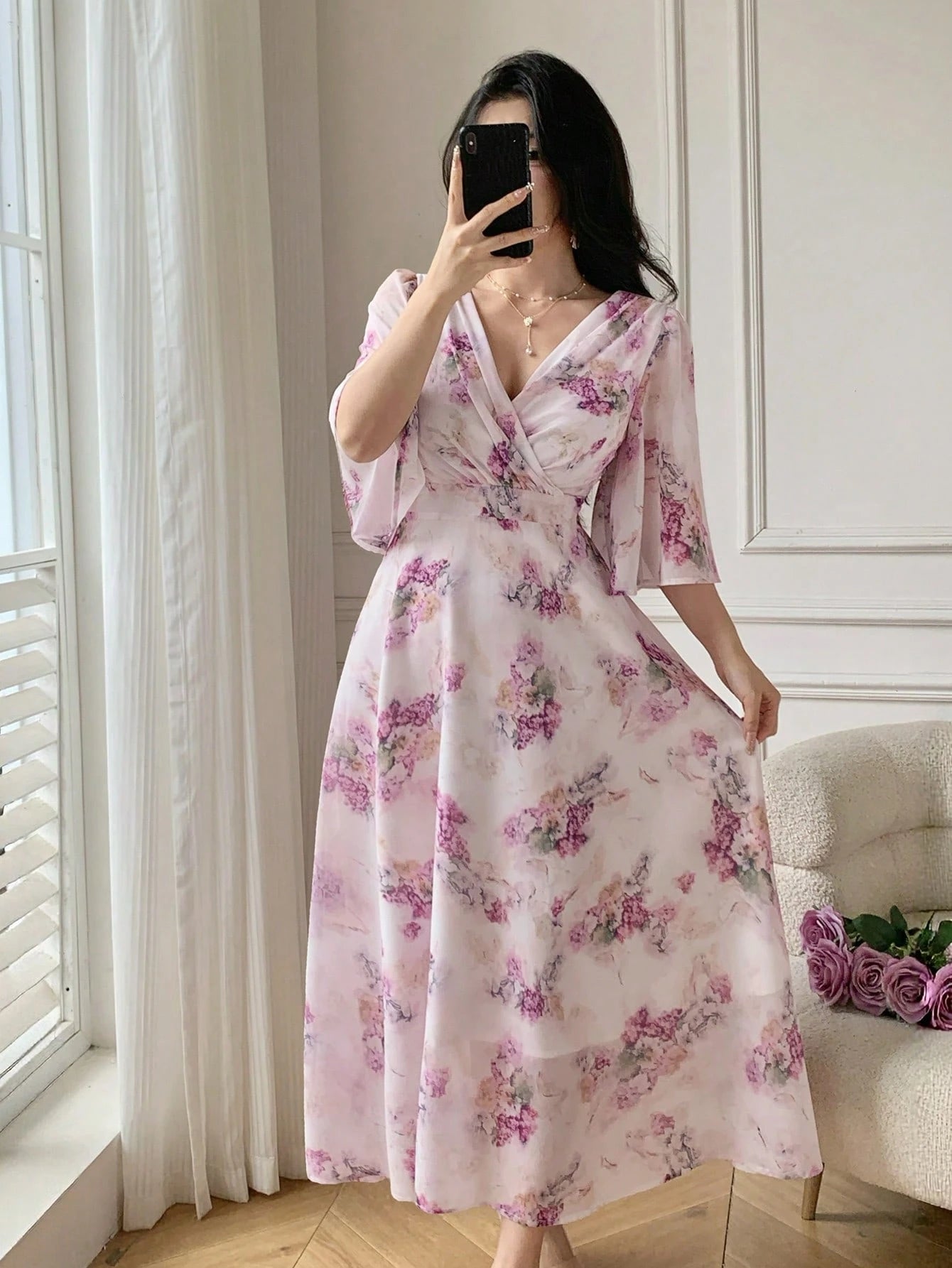 Soft Pink Floral Maxi Dress with Elegant Feminine Style