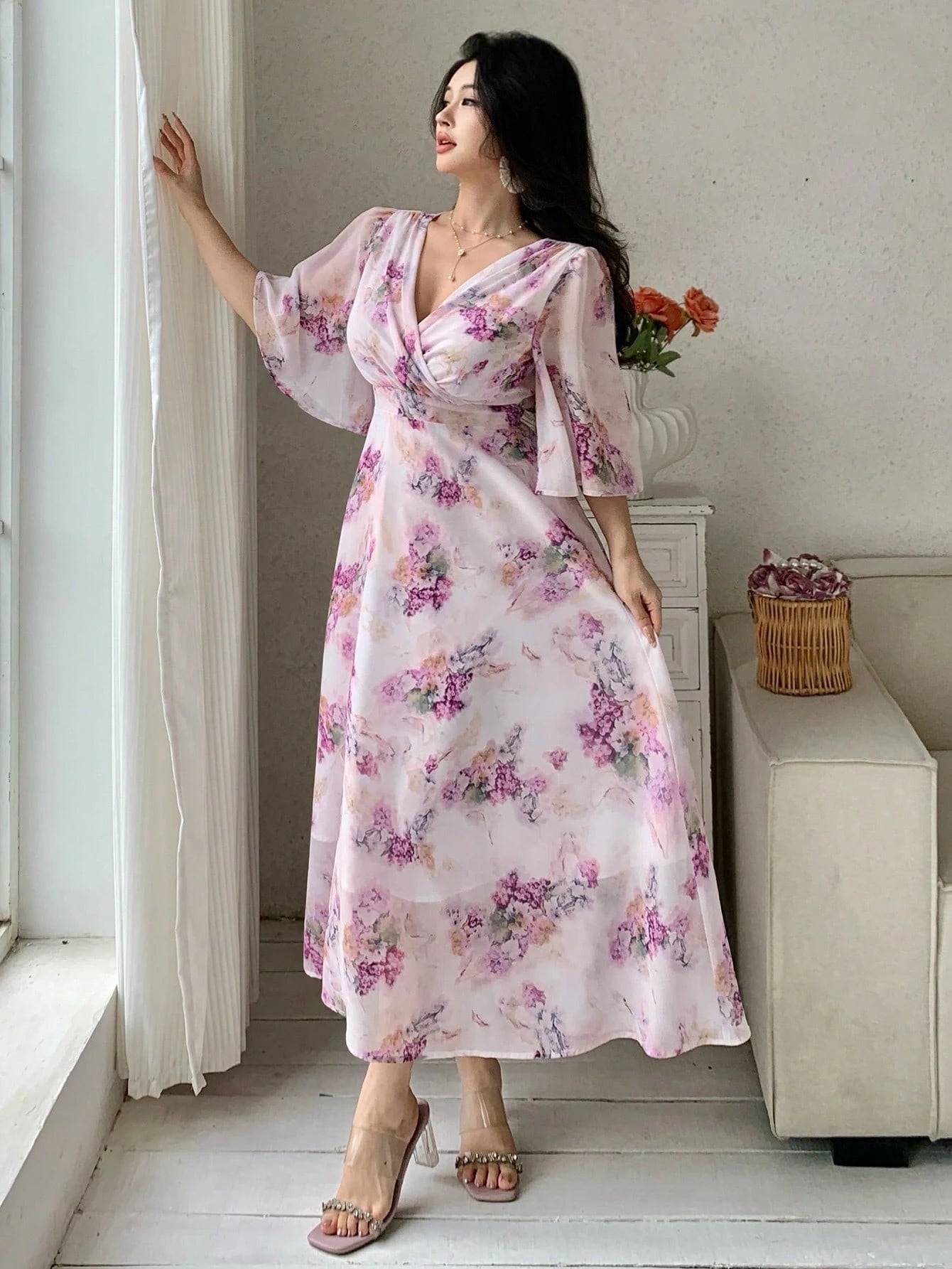 Soft Pink Floral Maxi Dress with Elegant Feminine Style
