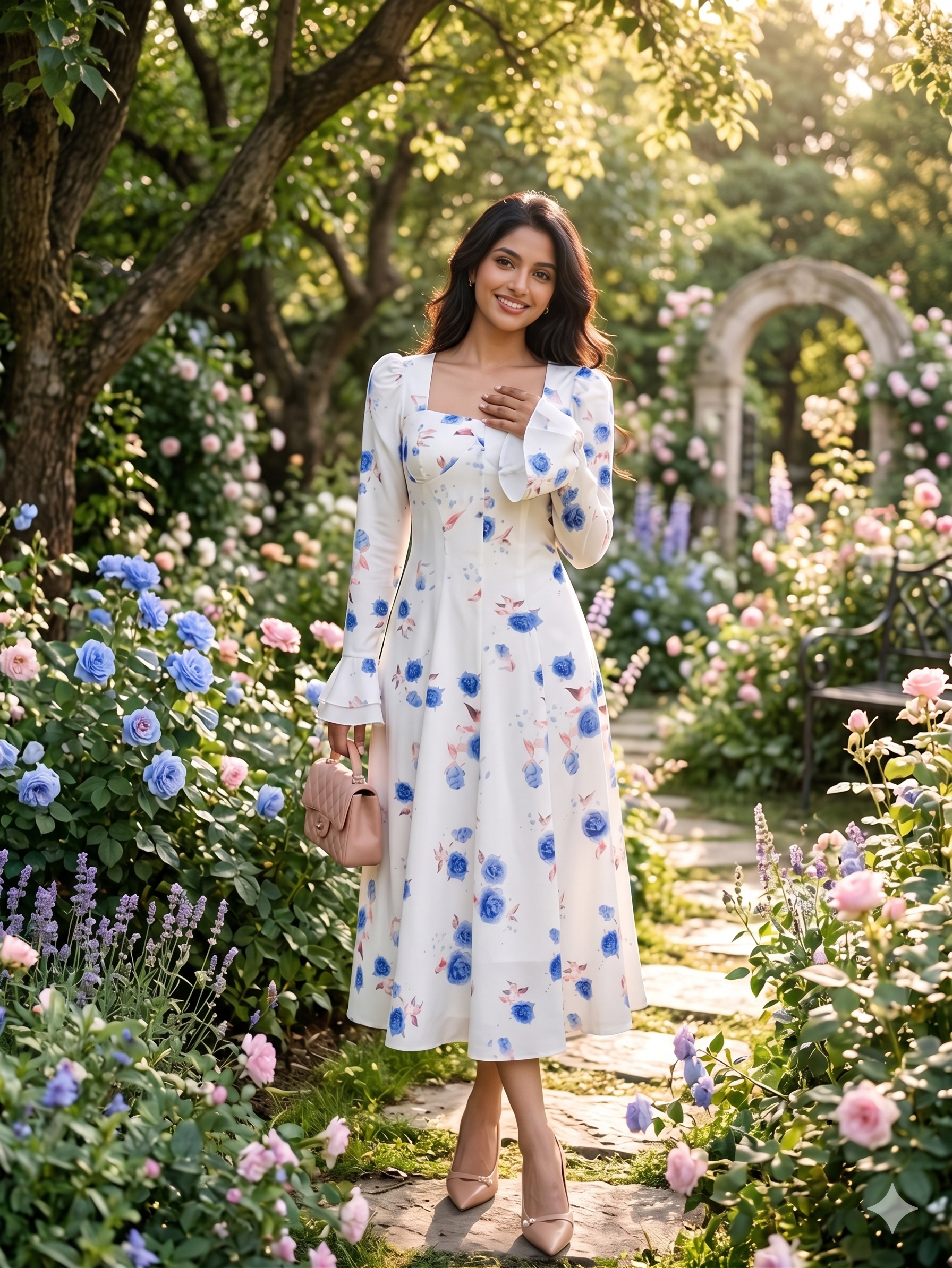 White and Blue Floral Back Design Maxi Dress with Flowy Look