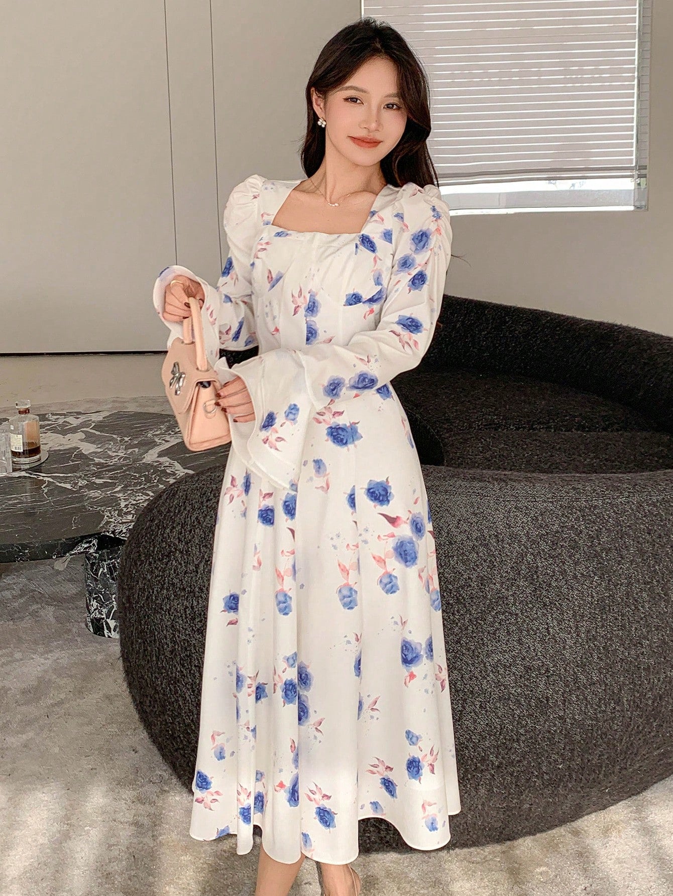 White and Blue Floral Back Design Maxi Dress with Flowy Look