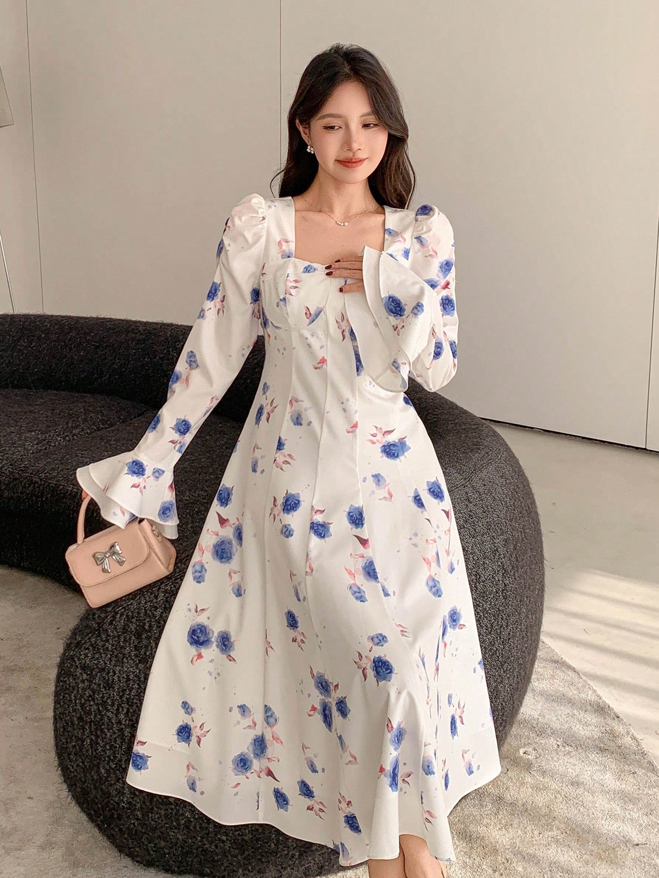 White and Blue Floral Back Design Maxi Dress with Flowy Look