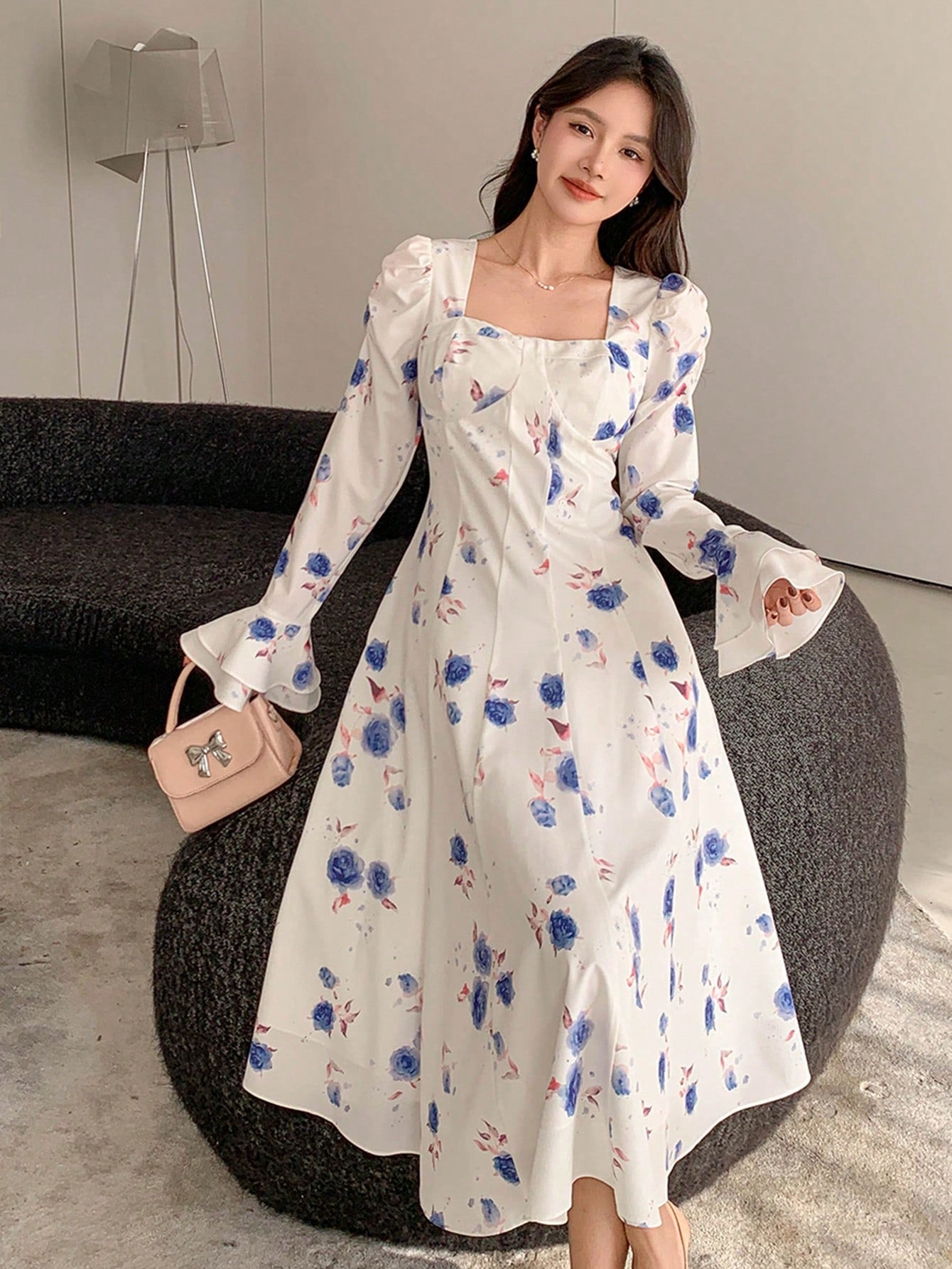 White and Blue Floral Back Design Maxi Dress with Flowy Look