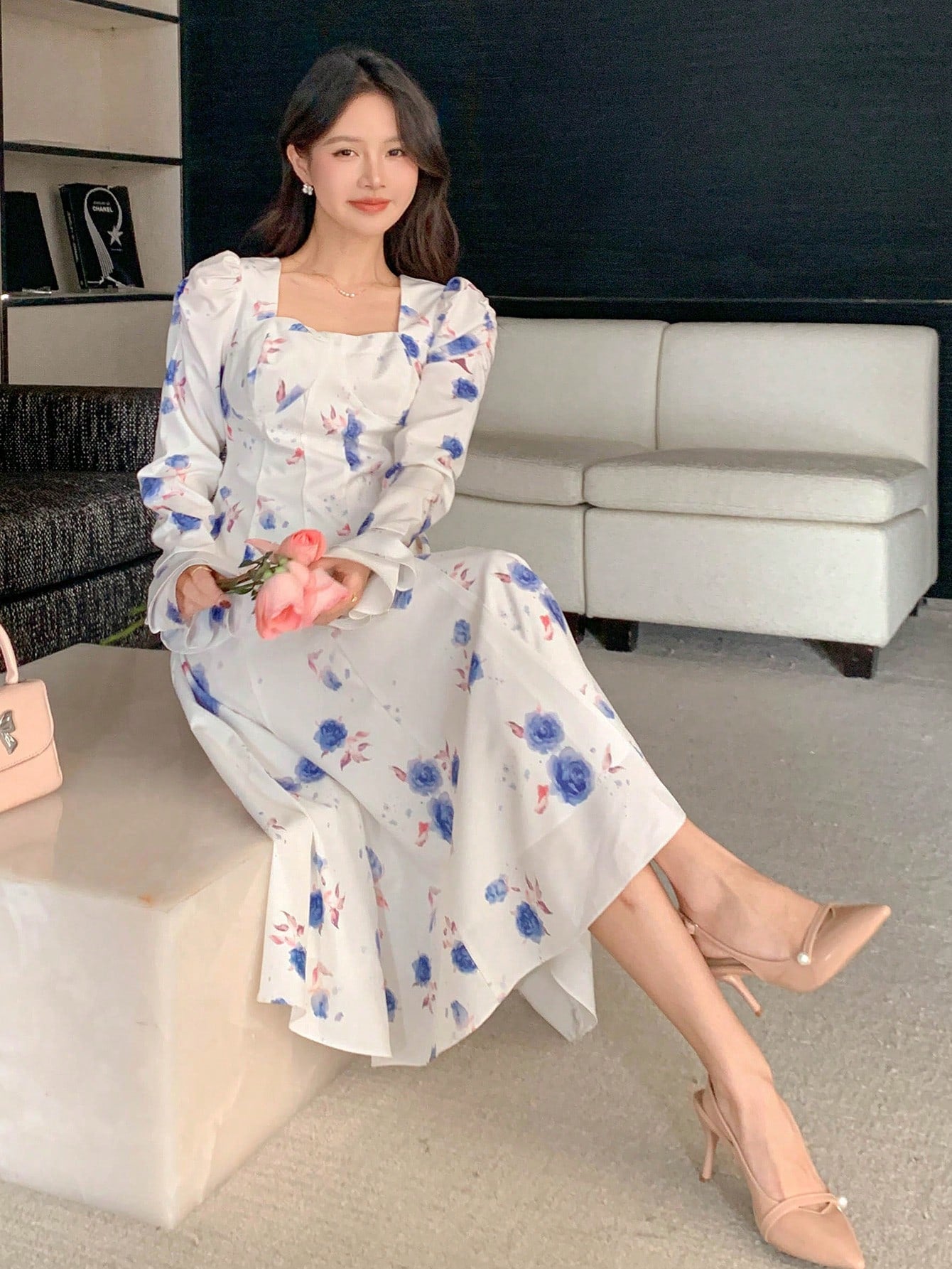 White and Blue Floral Back Design Maxi Dress with Flowy Look