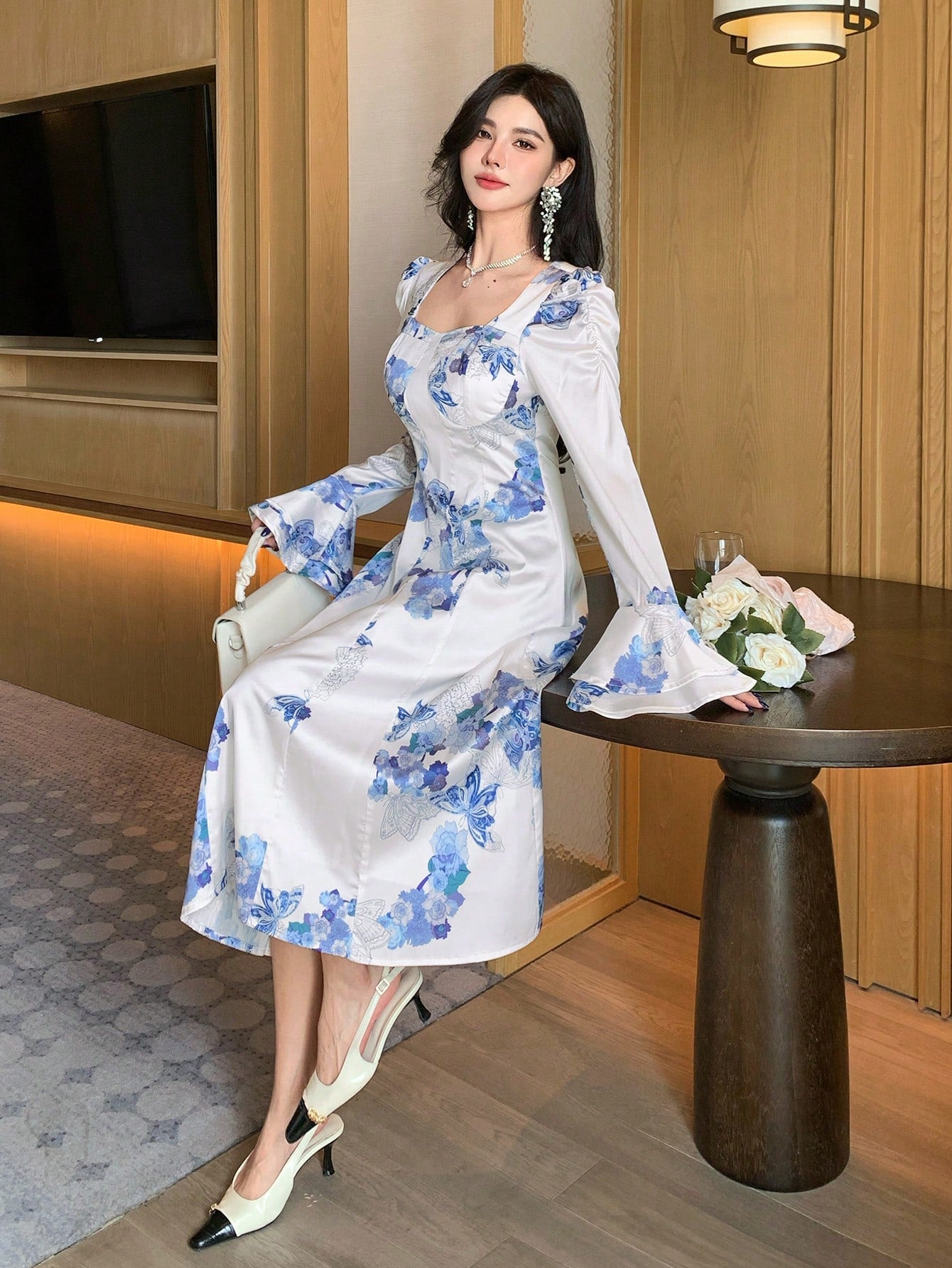 White and Blue Floral Midi Dress with Korean Inspired Fashion Style