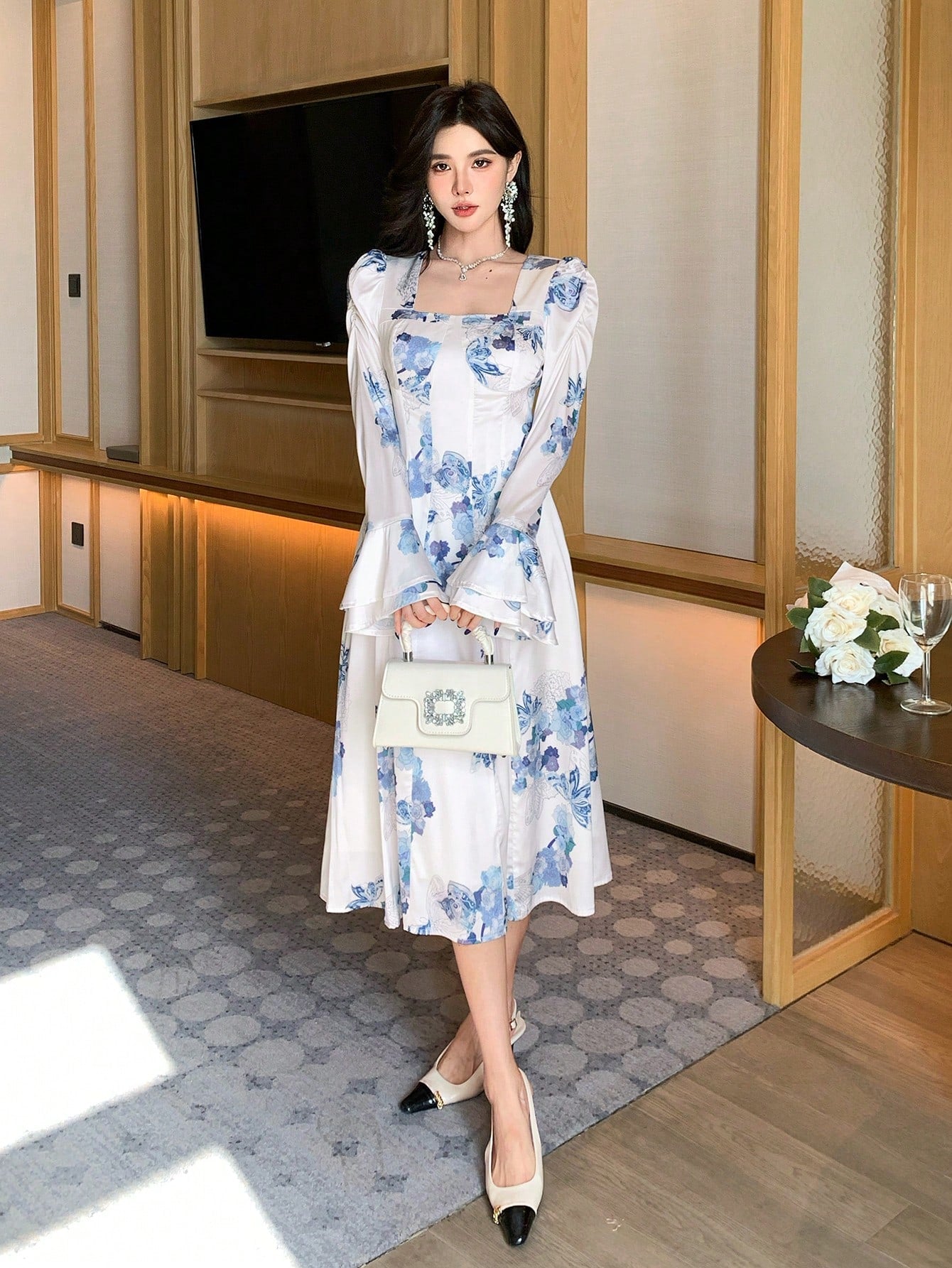 White and Blue Floral Midi Dress with Korean Inspired Fashion Style
