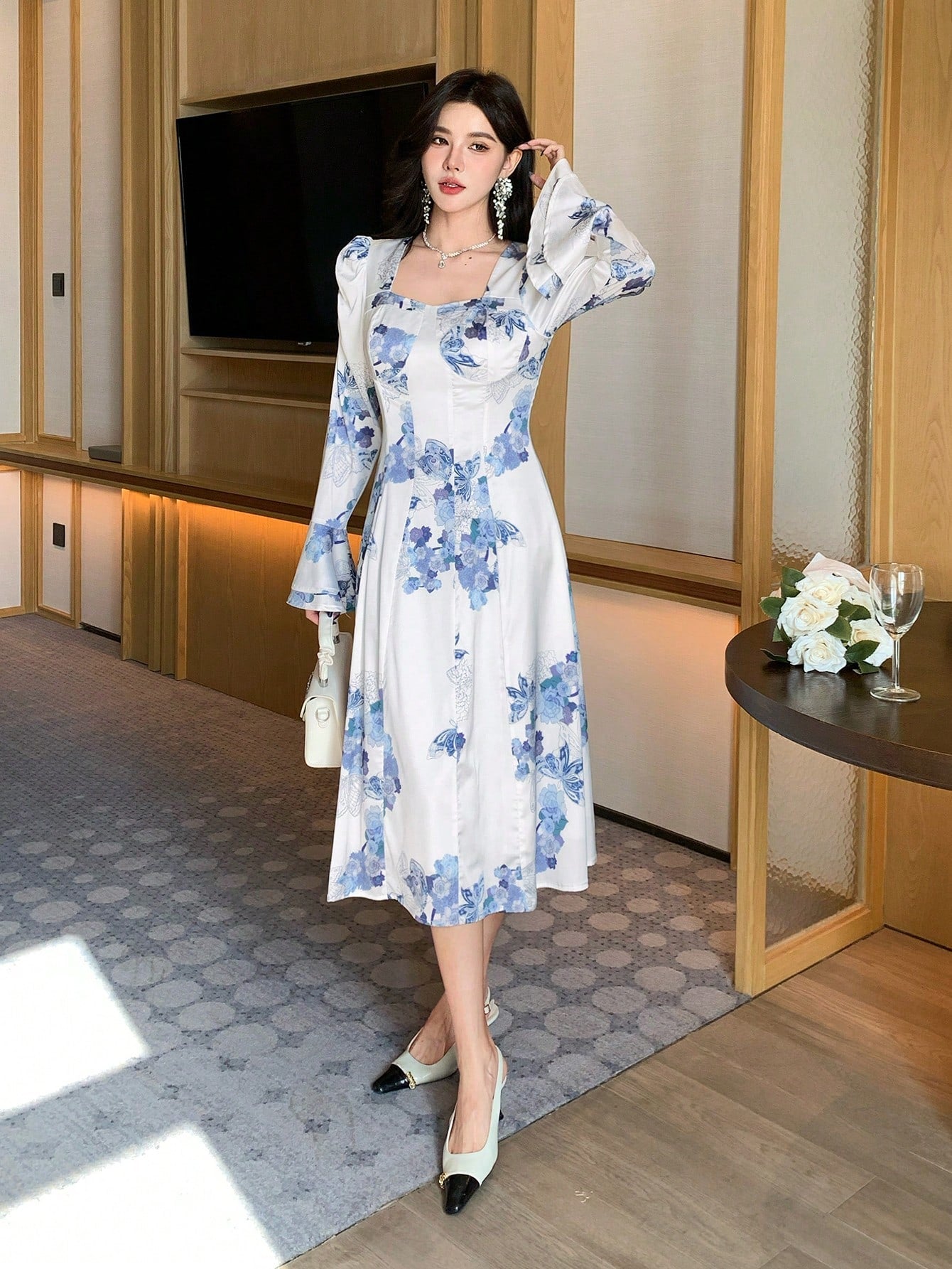 White and Blue Floral Midi Dress with Korean Inspired Fashion Style