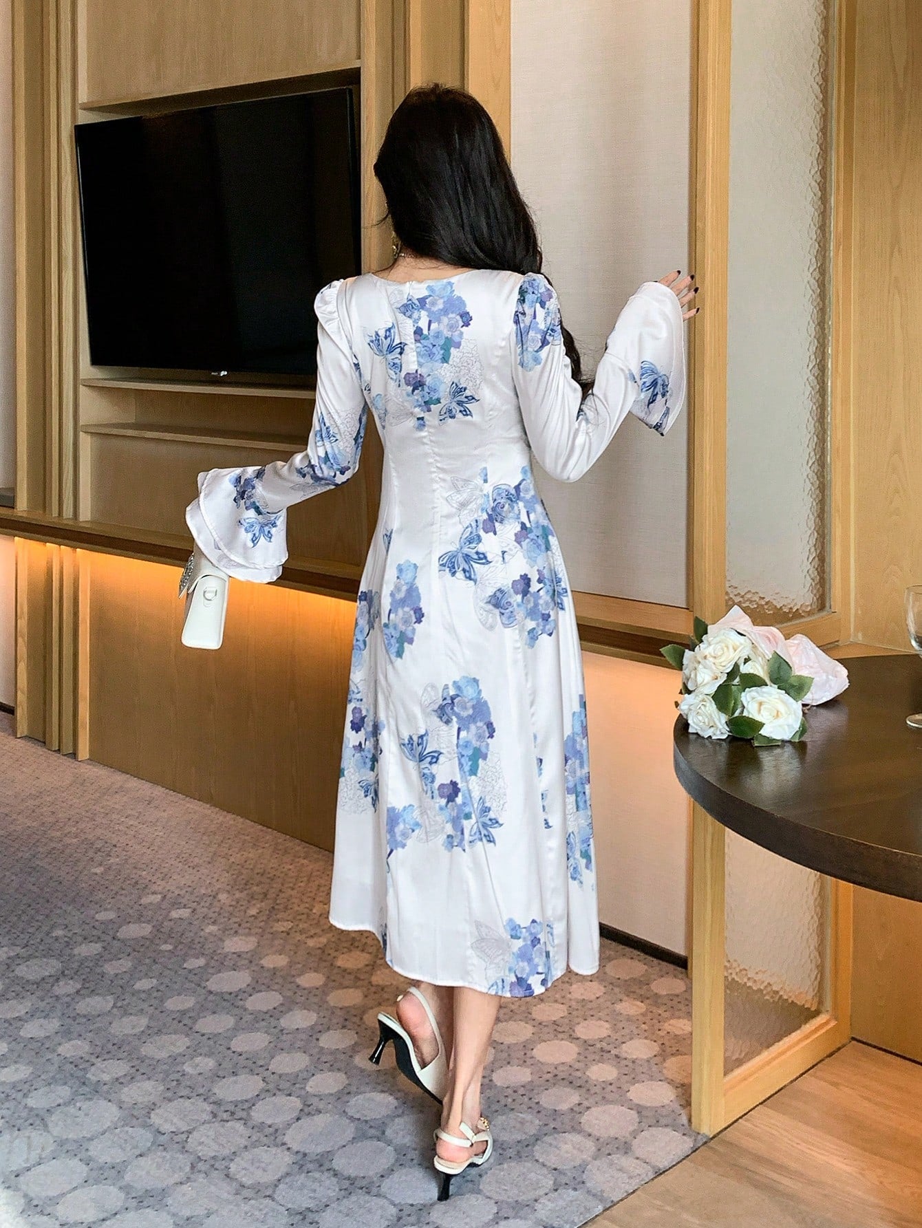 White and Blue Floral Midi Dress with Korean Inspired Fashion Style