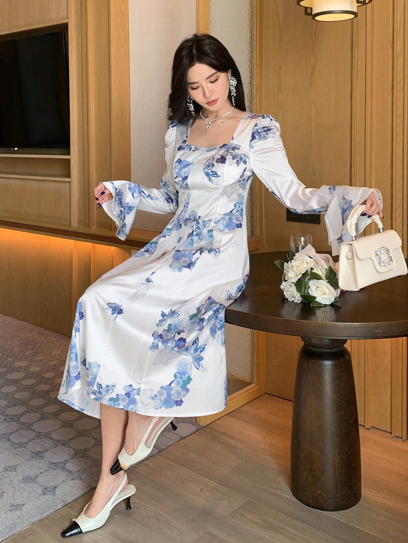 White and Blue Floral Midi Dress with Korean Inspired Fashion Style