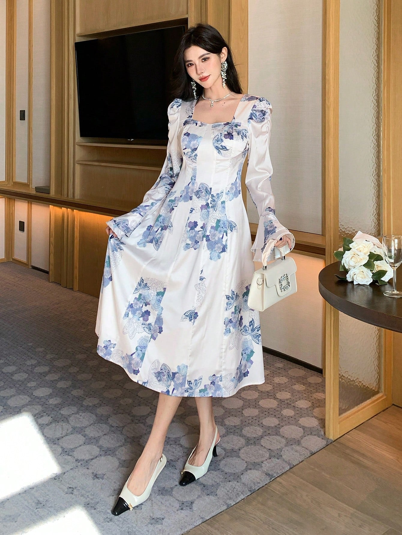White and Blue Floral Midi Dress with Korean Inspired Fashion Style