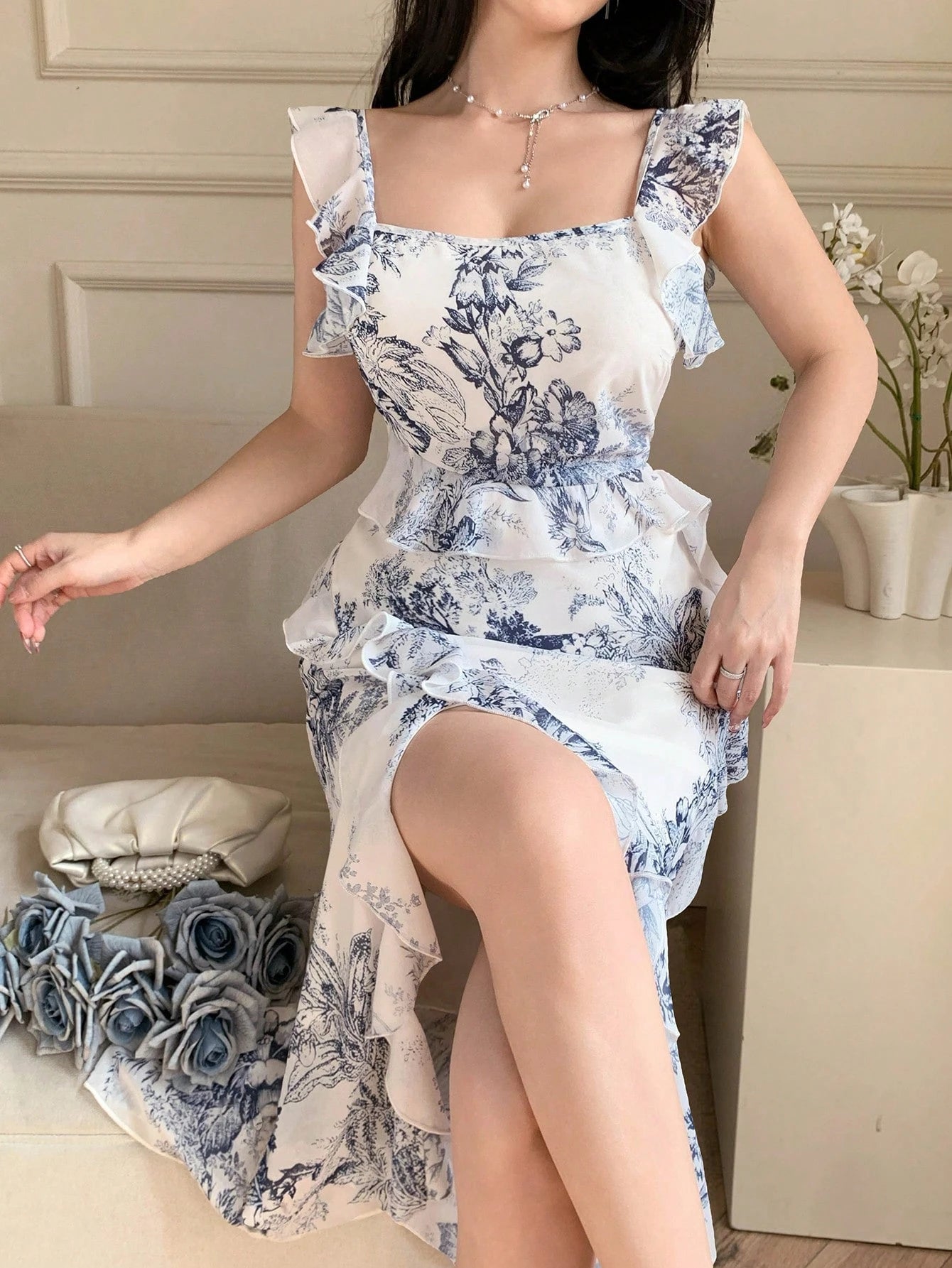 White and Blue Floral Slit Dress with Modern Summer Style
