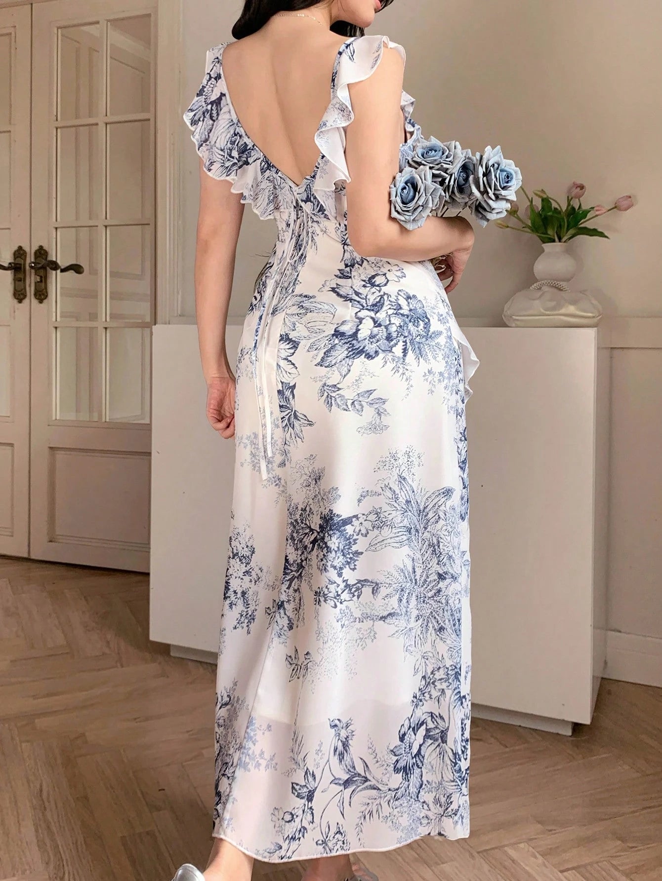 White and Blue Floral Slit Dress with Modern Summer Style