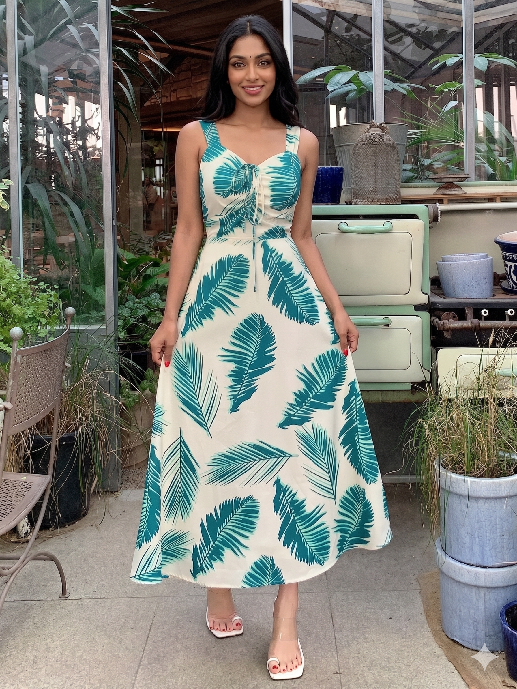 White and Green Tropical Leaf Print Maxi Dress with Summer Vacation Style