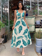 White and Green Tropical Leaf Print Maxi Dress with Summer Vacation Style