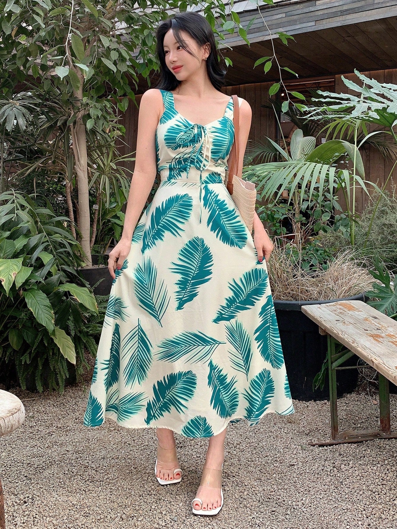 White and Green Tropical Leaf Print Maxi Dress with Summer Vacation Style