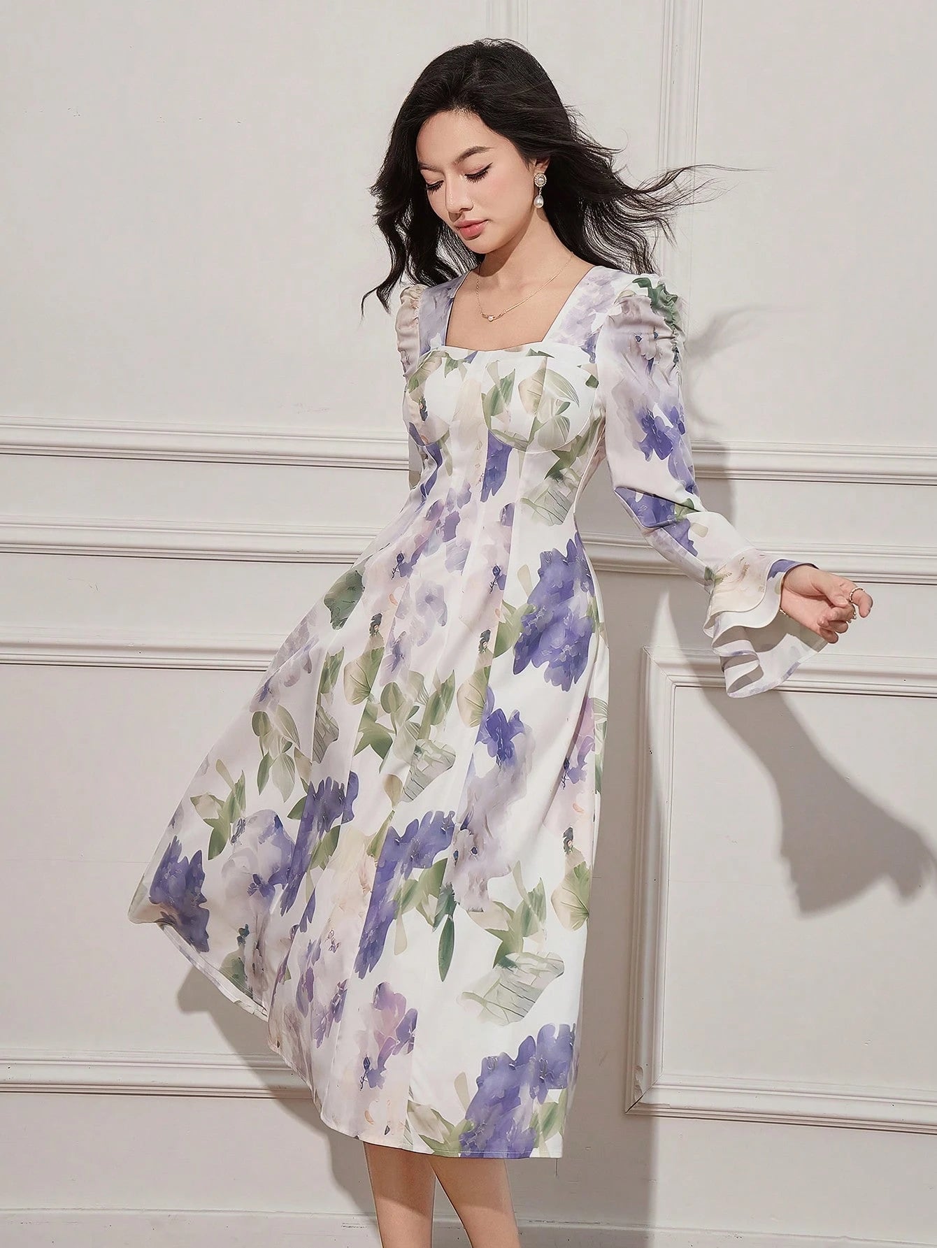 White and Lavender Floral Midi Dress with Elegant Style