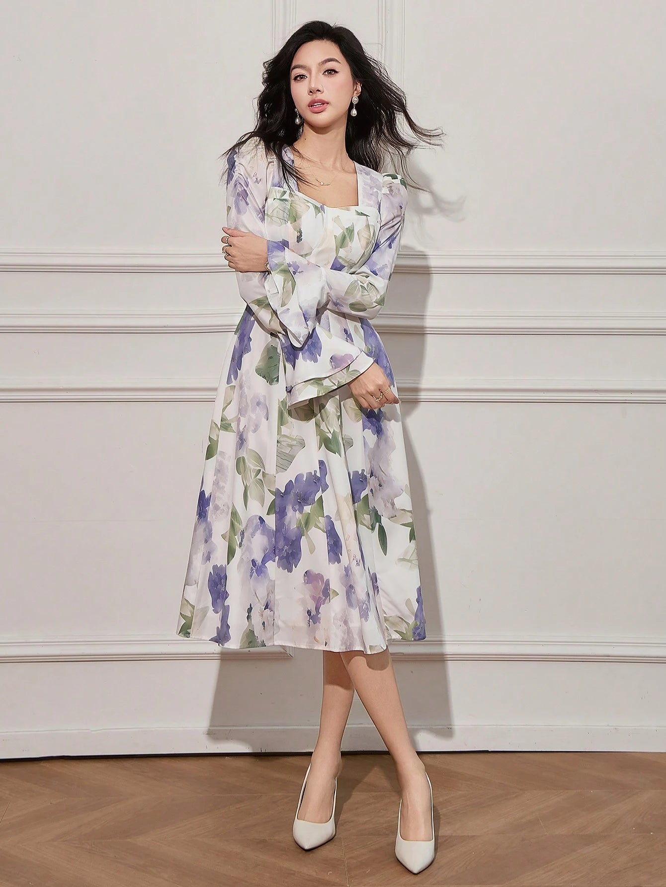 White and Lavender Floral Midi Dress with Elegant Style
