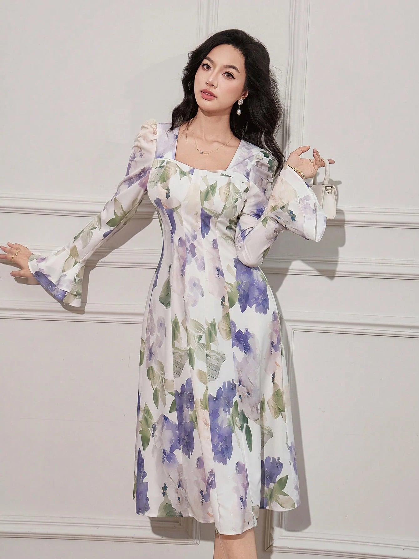 White and Lavender Floral Midi Dress with Elegant Style