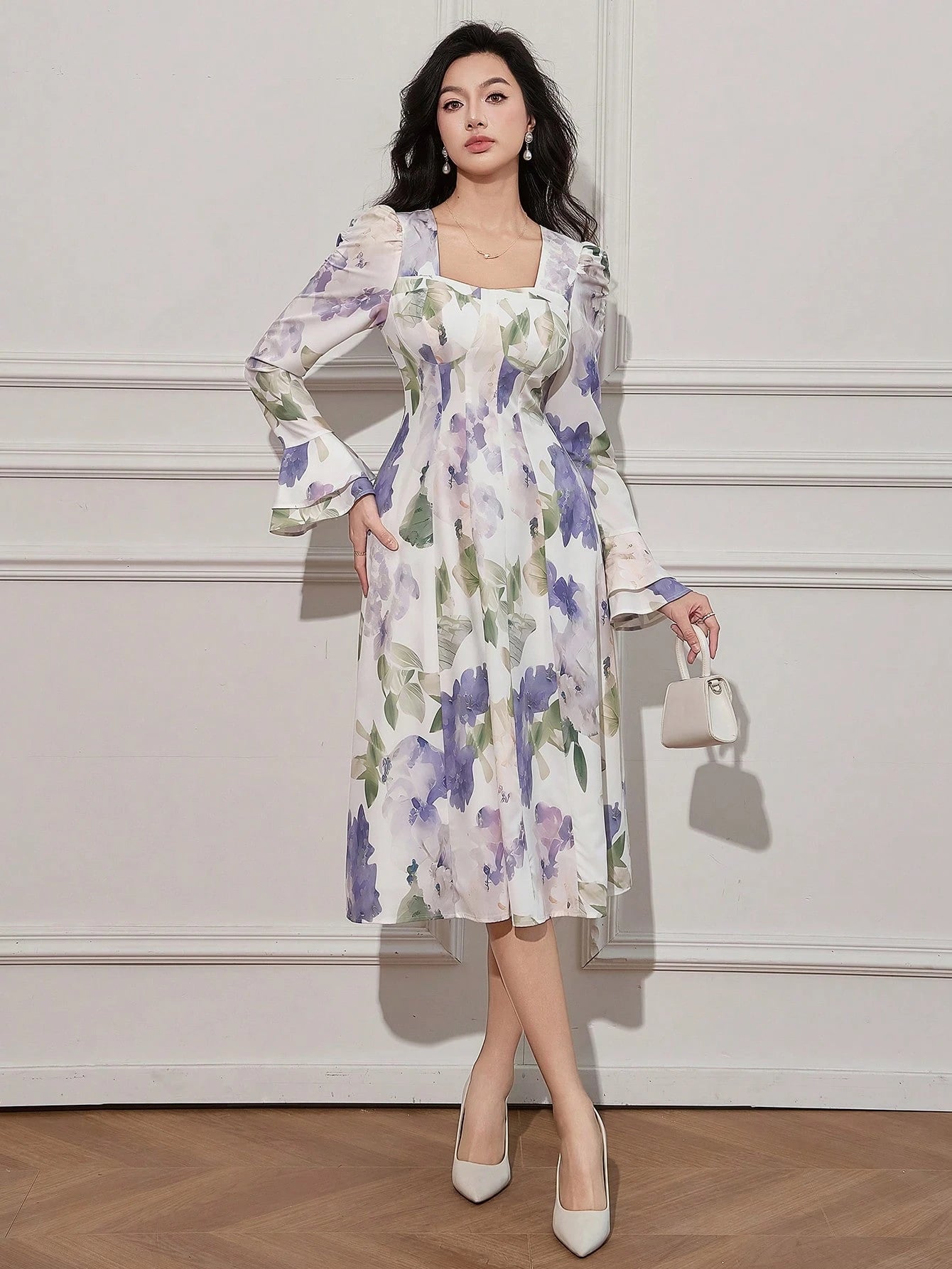White and Lavender Floral Midi Dress with Elegant Style