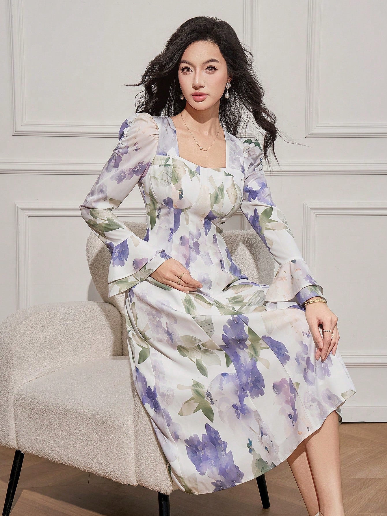 White and Lavender Floral Midi Dress with Elegant Style