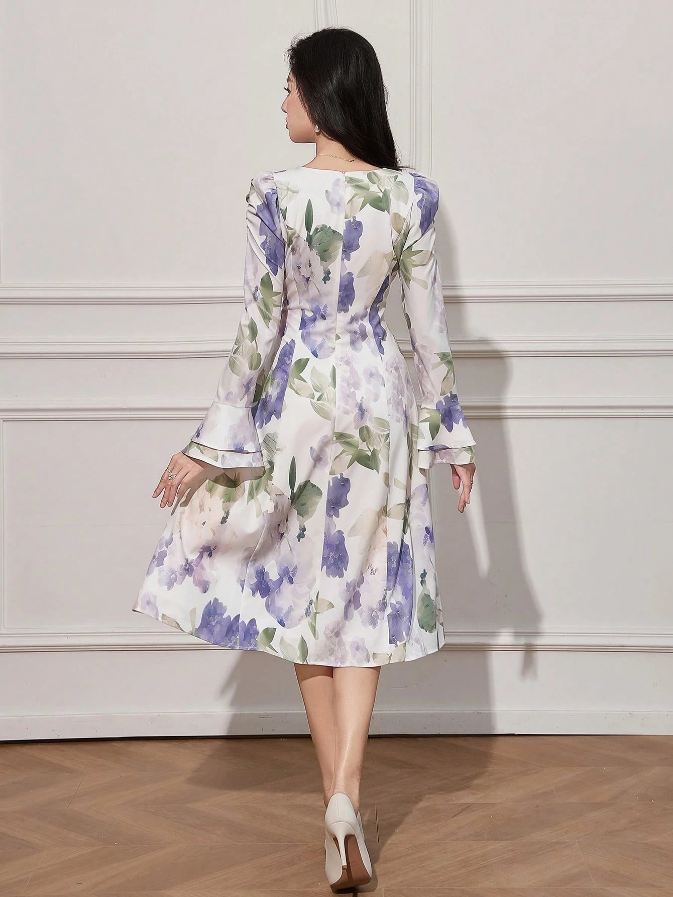 White and Lavender Floral Midi Dress with Elegant Style