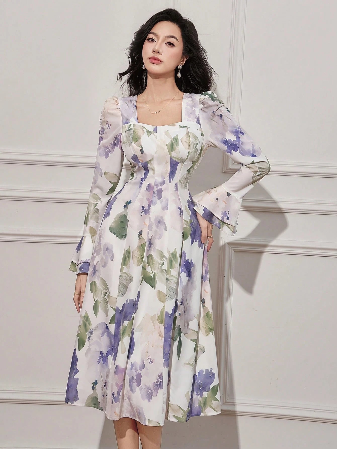 White and Lavender Floral Midi Dress with Elegant Style