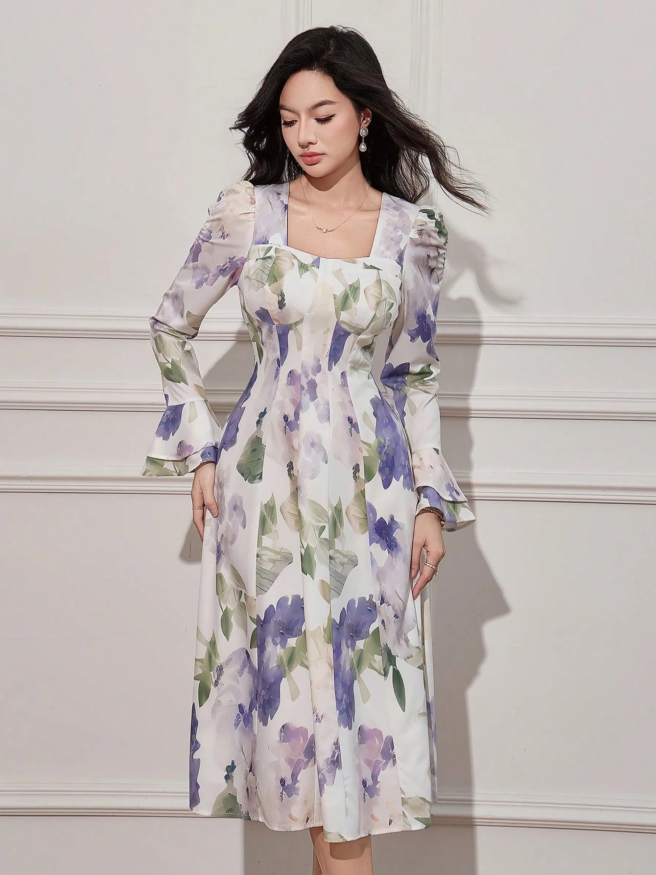 White and Lavender Floral Midi Dress with Elegant Style