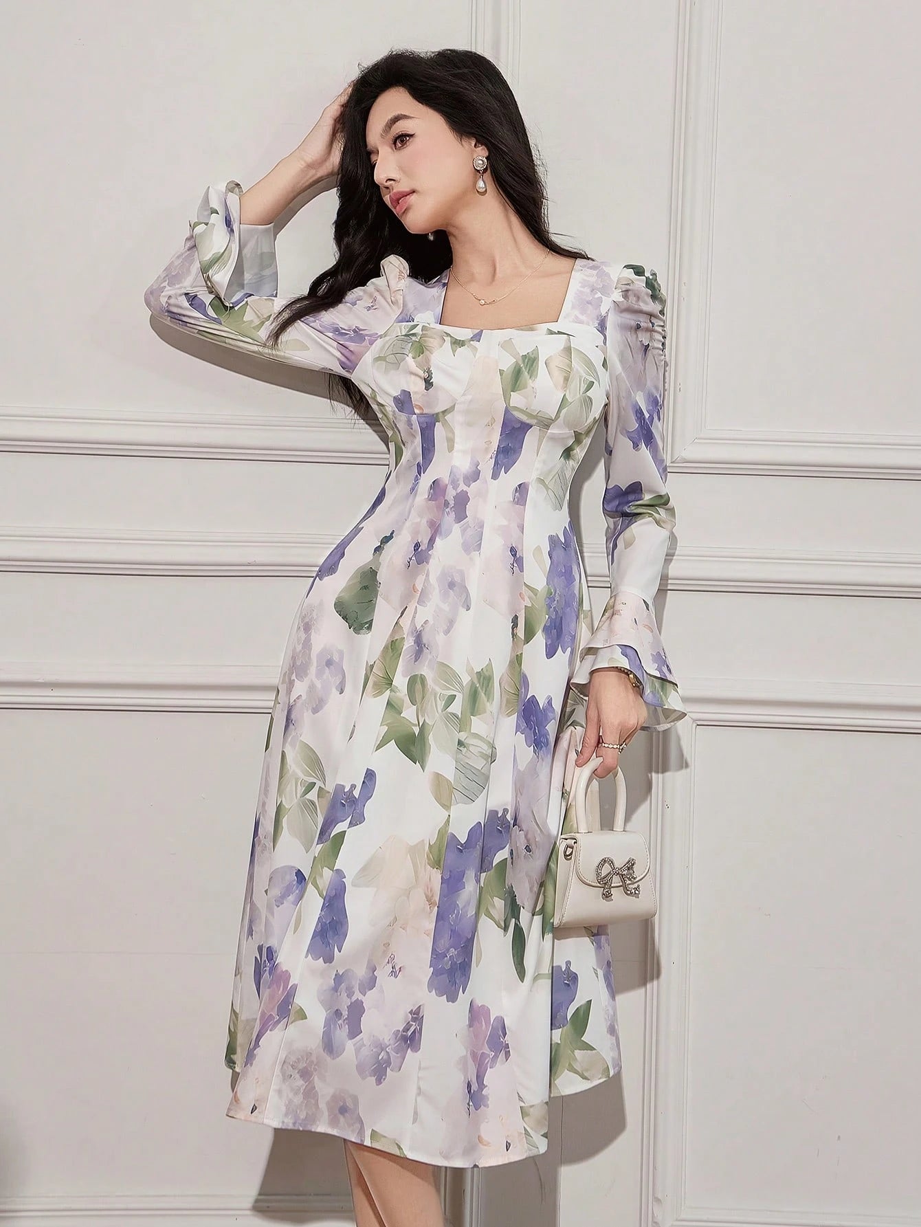 White and Lavender Floral Midi Dress with Elegant Style
