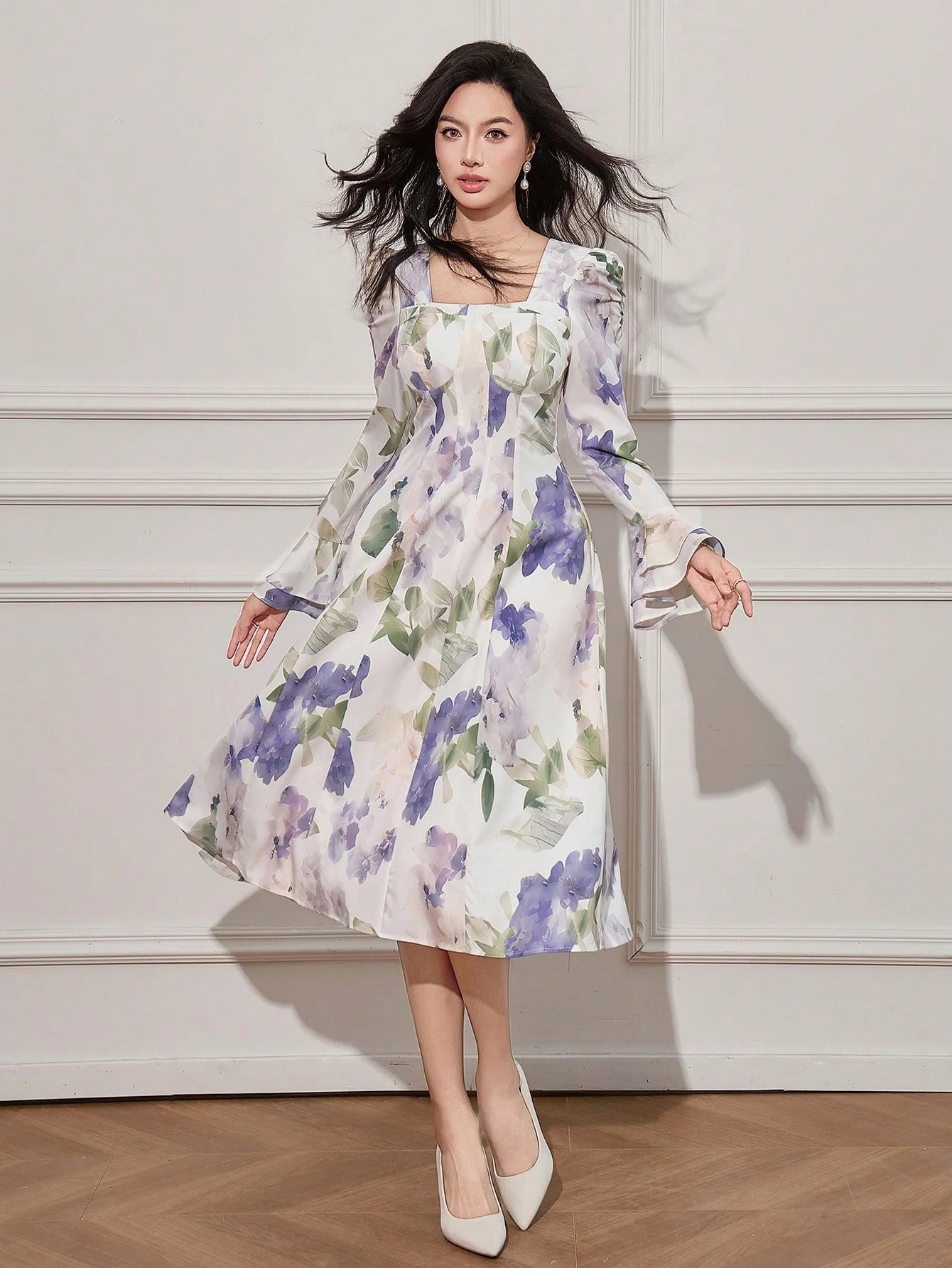 White and Lavender Floral Midi Dress with Elegant Style