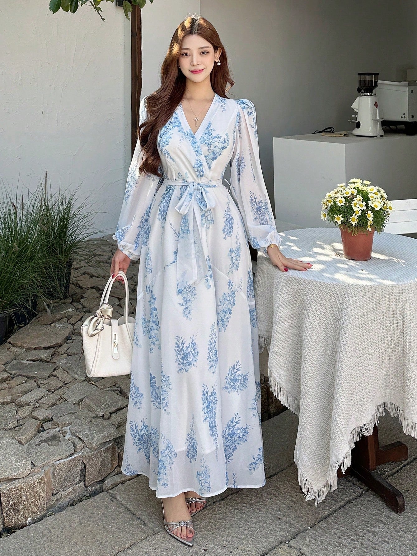 White and Sky Blue Floral Maxi Dress with Elegant Summer Style
