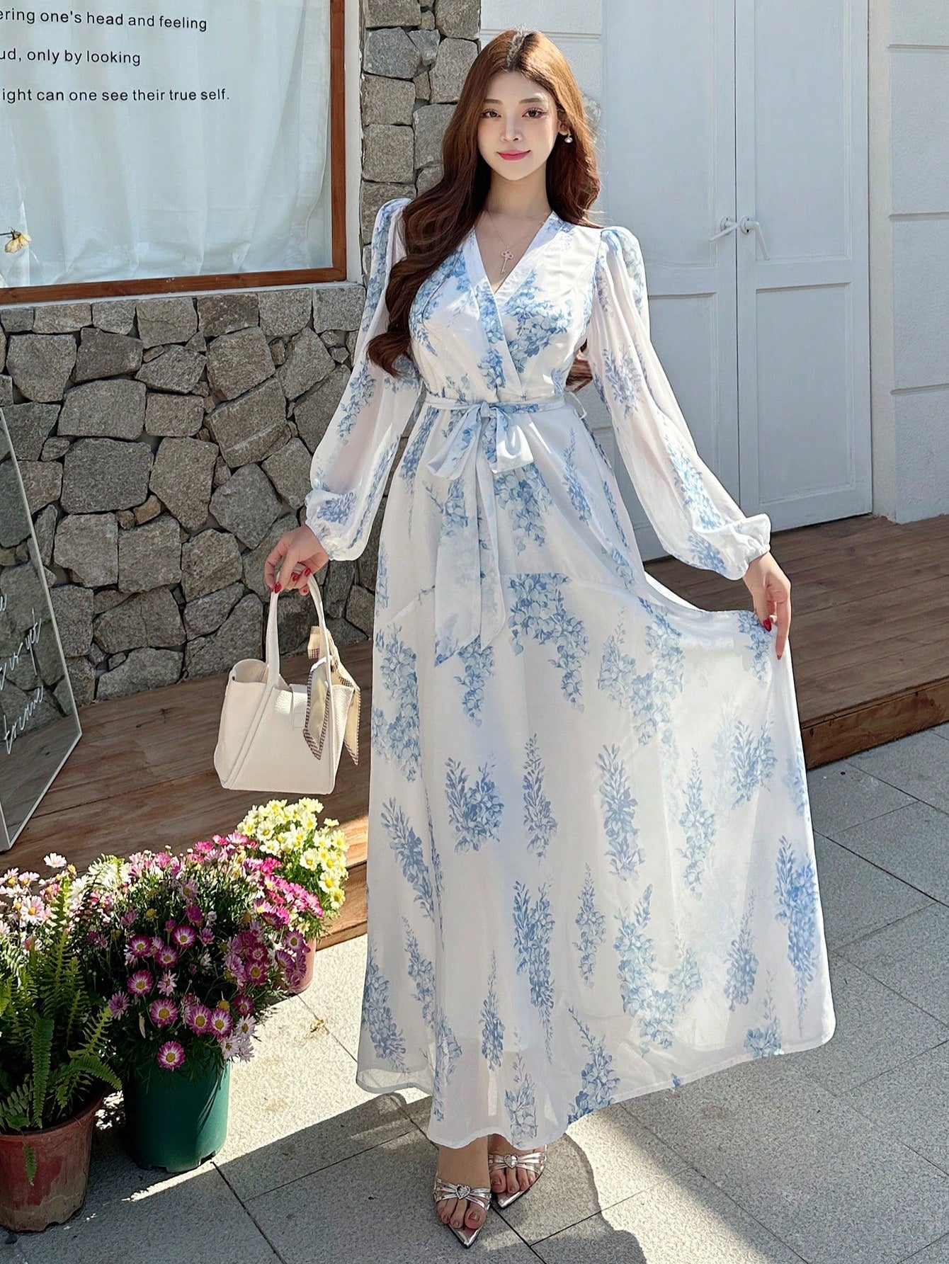 White and Sky Blue Floral Maxi Dress with Elegant Summer Style