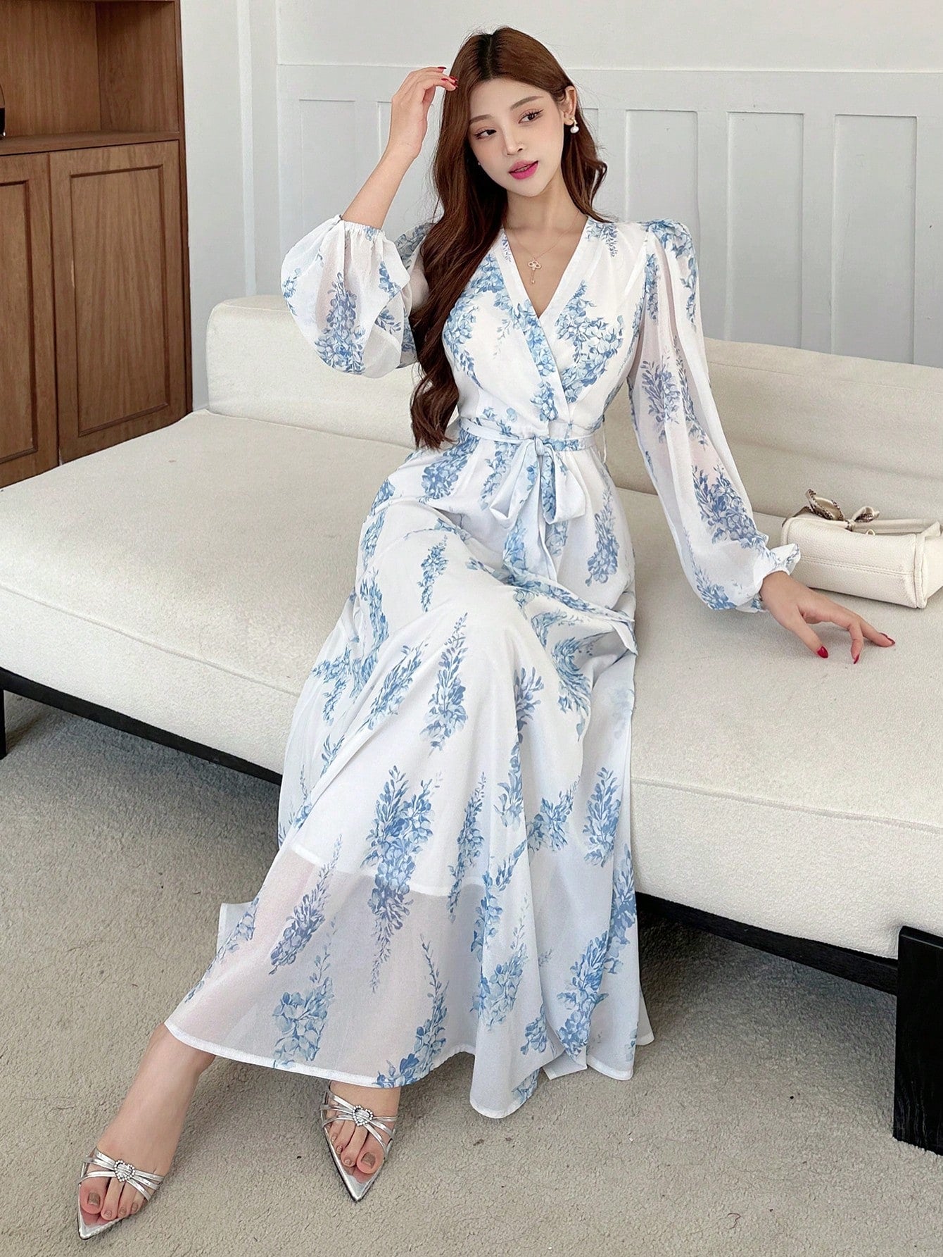 White and Sky Blue Floral Maxi Dress with Elegant Summer Style