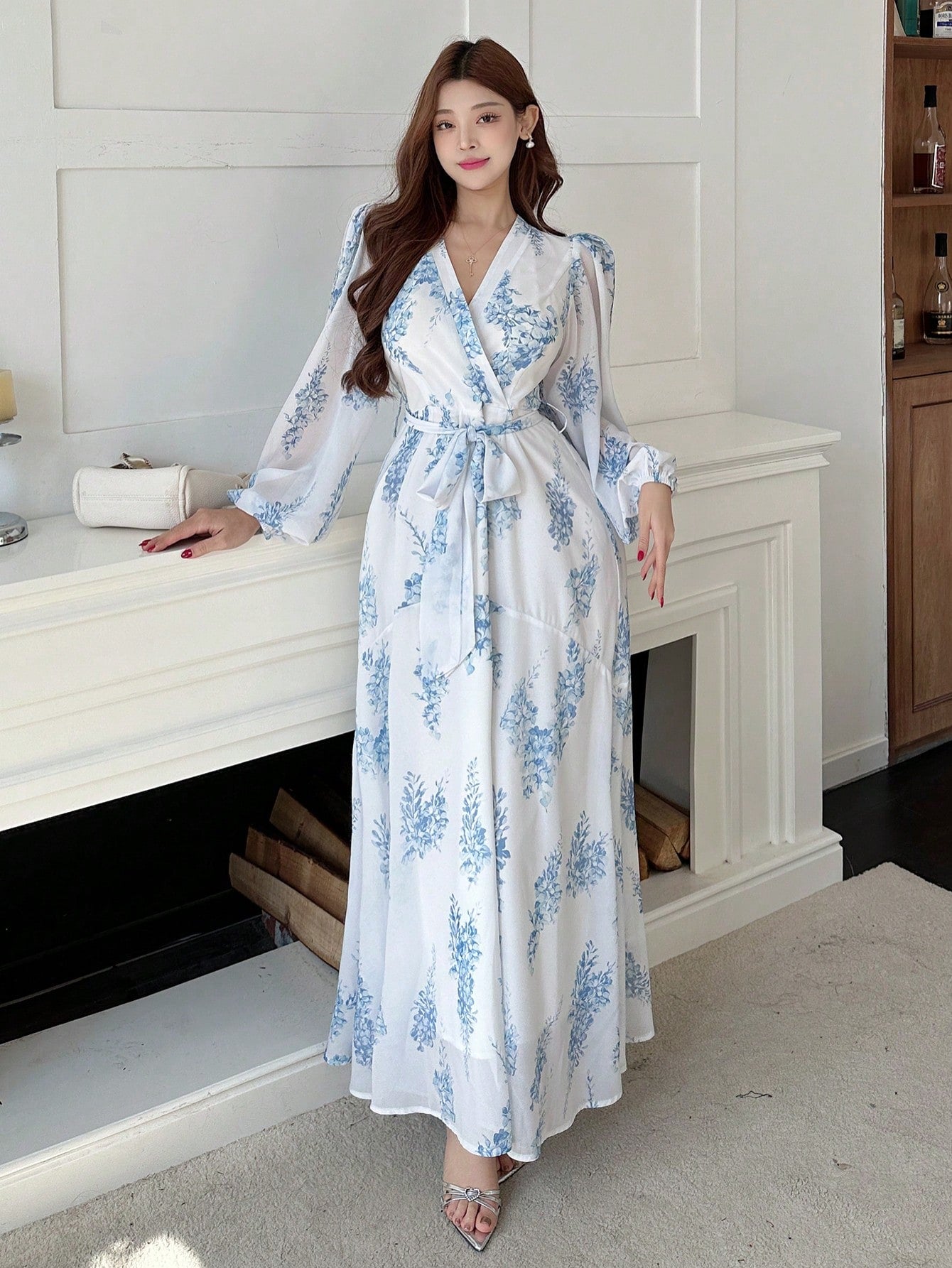 White and Sky Blue Floral Maxi Dress with Elegant Summer Style