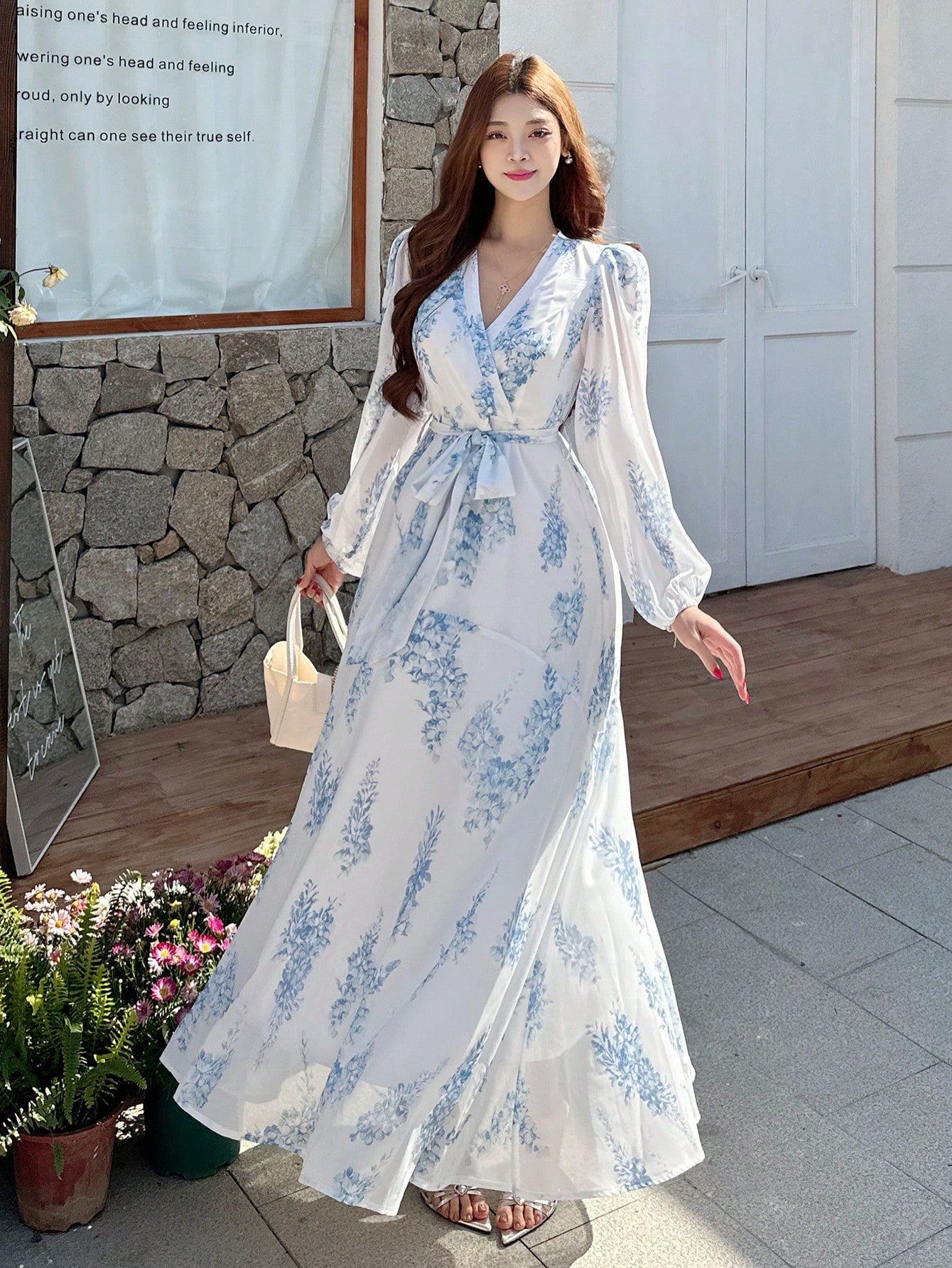White and Sky Blue Floral Maxi Dress with Elegant Summer Style